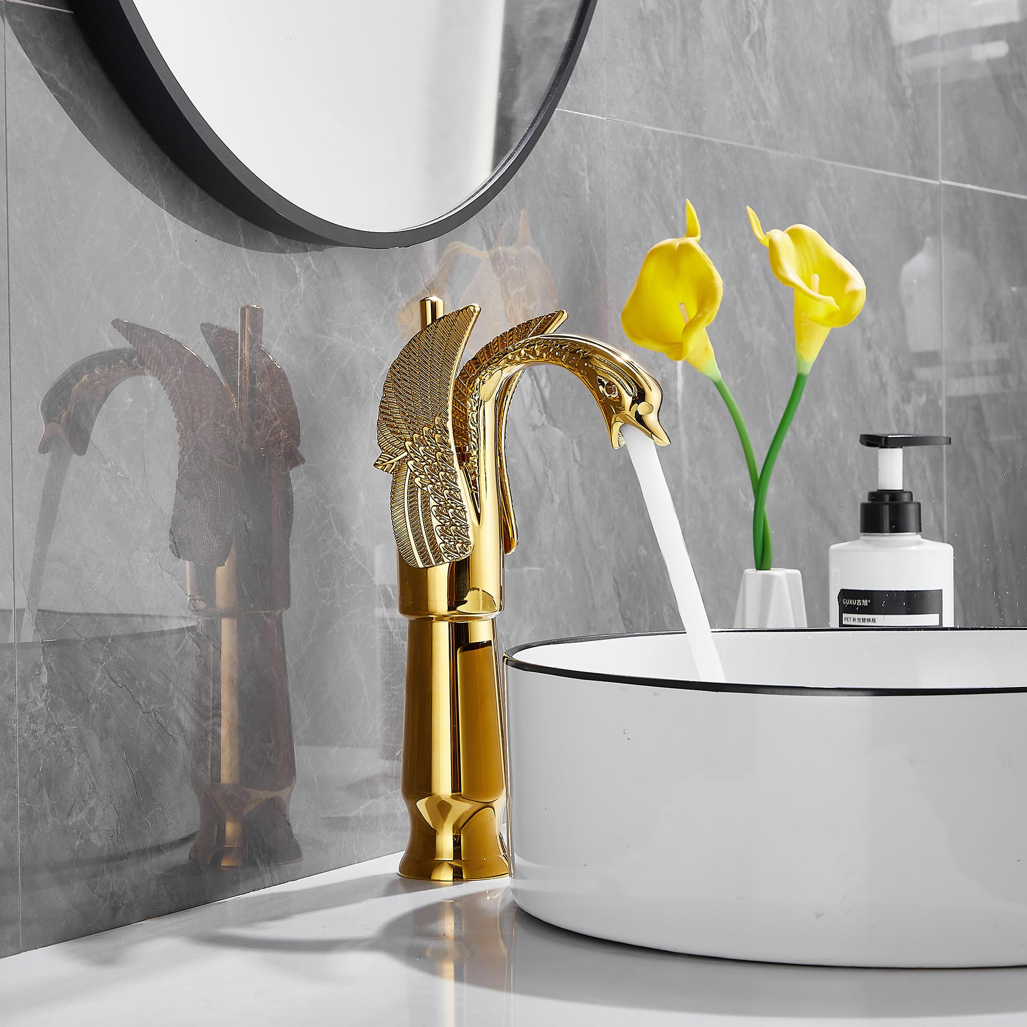 GGStudy Gold Swan Shape Single Handle Deck Mount Bathroom Vessel Sink Faucet - Elegant One Hole Lavatory Faucet for Modern Vanity & Powder Room Decor