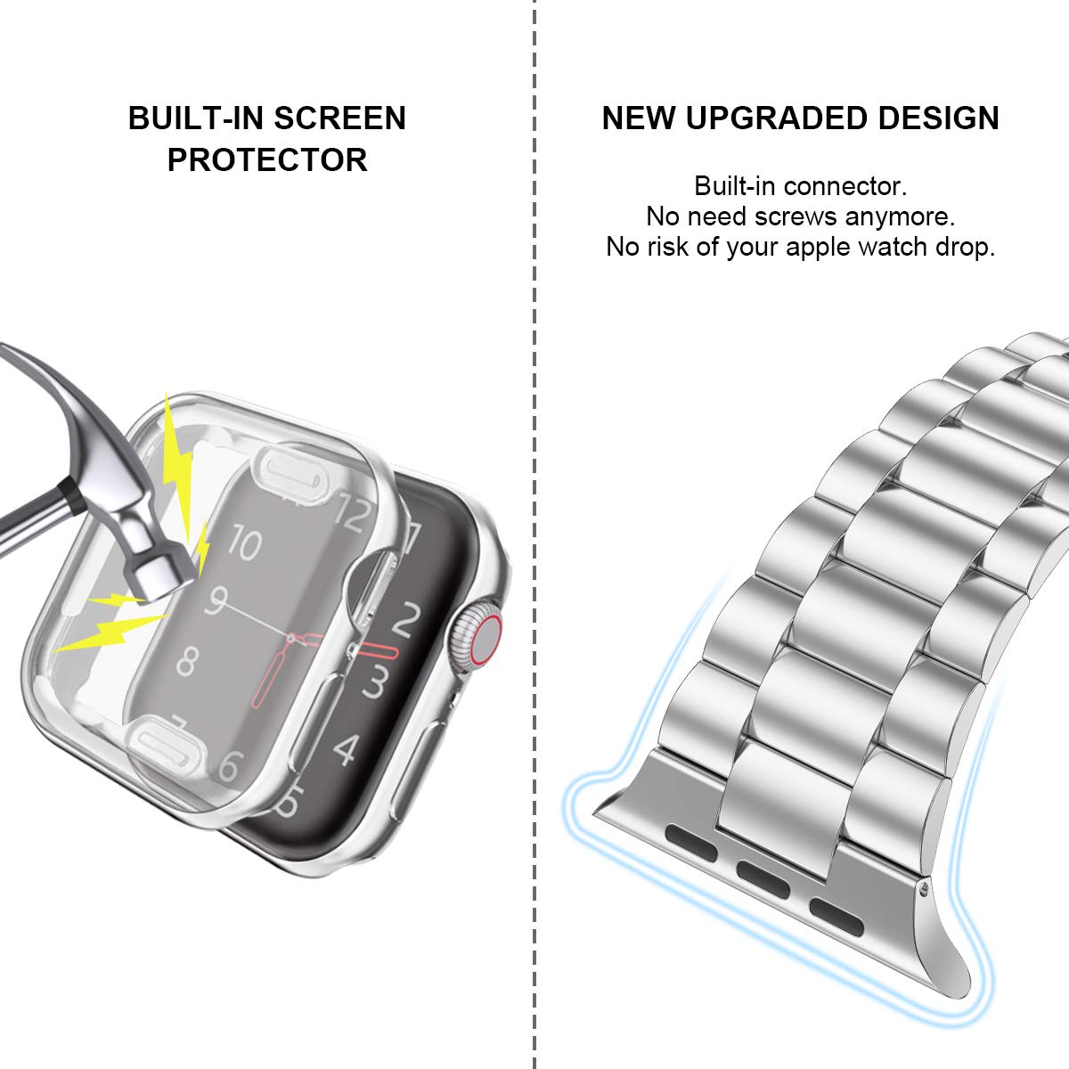 Premium Stainless Steel Apple Watch Band 40mm Compatible with Series 6/5/4/SE - Elegant Silver Metal Bracelet with Screen Protector Case for Women | Perfect for Work, Gym & Everyday Wear