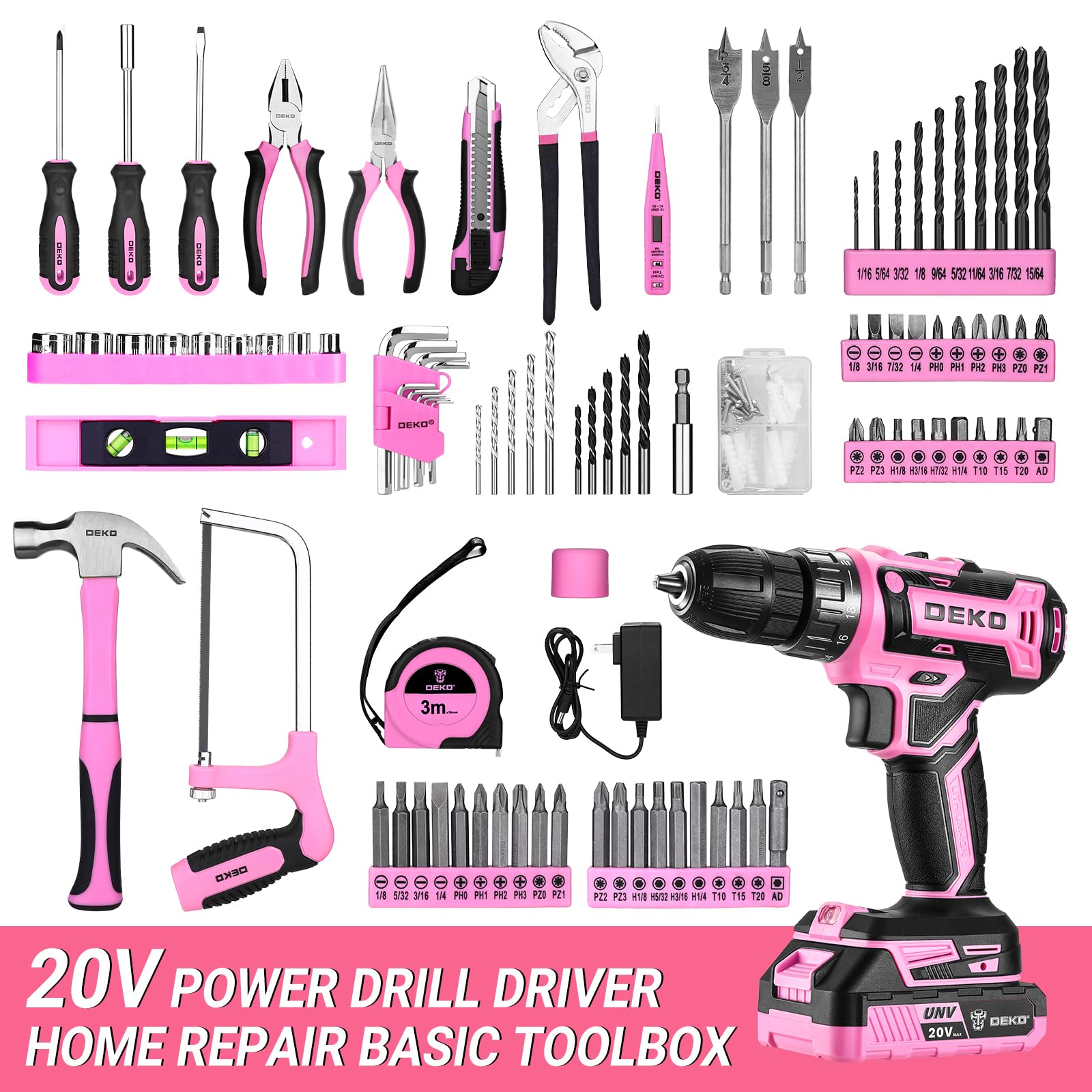 DEKOPRO 20V Cordless Drill Kit - Pink Power Drill Set with Battery, Electric Drill Driver, Toolbox & Accessories for Home Repair, DIY Projects, Woodworking & Handyman Tasks (DKMT186-GP)