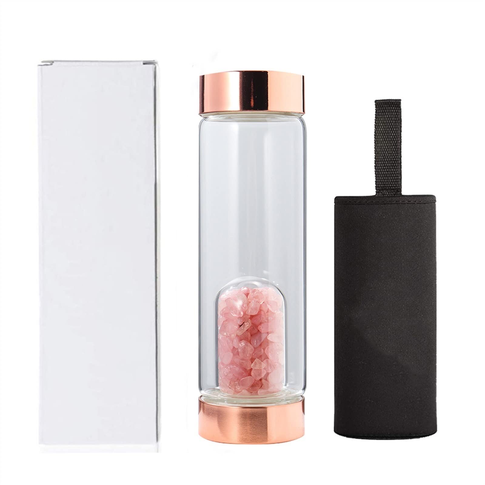 Natural Crystal Rose Glass Water Bottle with Amethyst & Rose Quartz Gravel - 500ml Gemstone Infuser Bottle for Meditation, Yoga & Relaxation - Colorful Agate Design for Positive Energy & Hydration On-The-Go