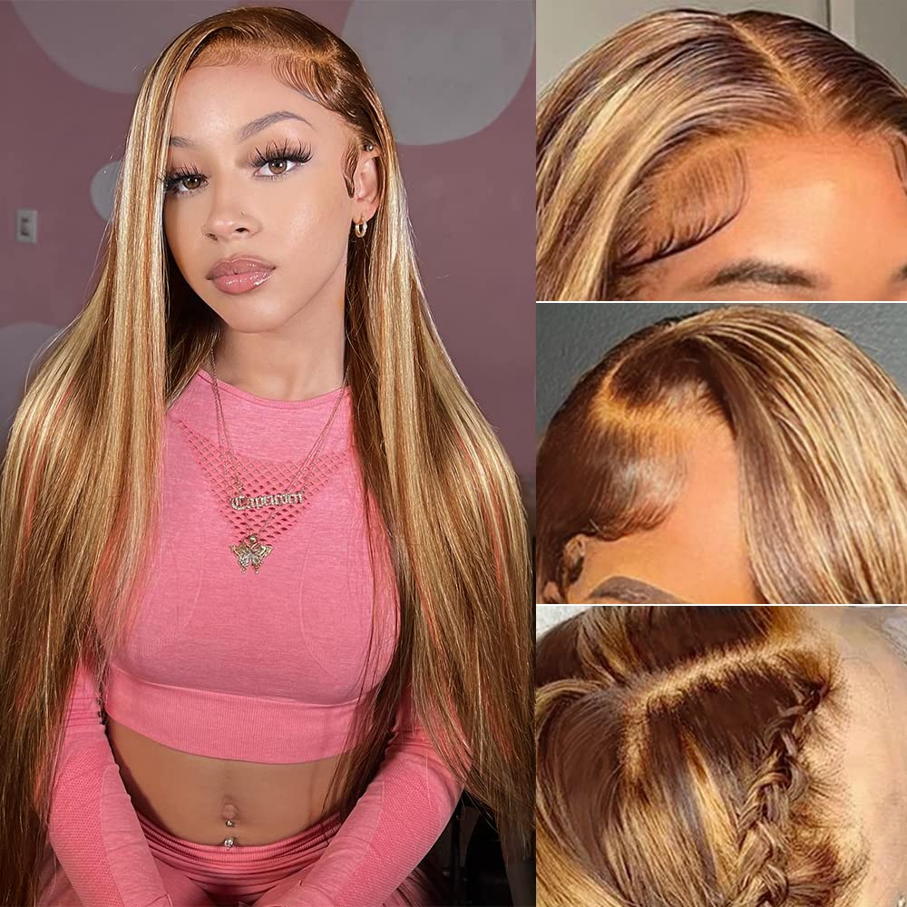 XZZ 20 Inch Ombre Honey Blonde 4/27 HD Lace Front Human Hair Wig - 13x4 Transparent Lace, Pre-Plucked with Baby Hair, 180% Density, Glueless Frontal Wig for Daily Wear & Special Occasions