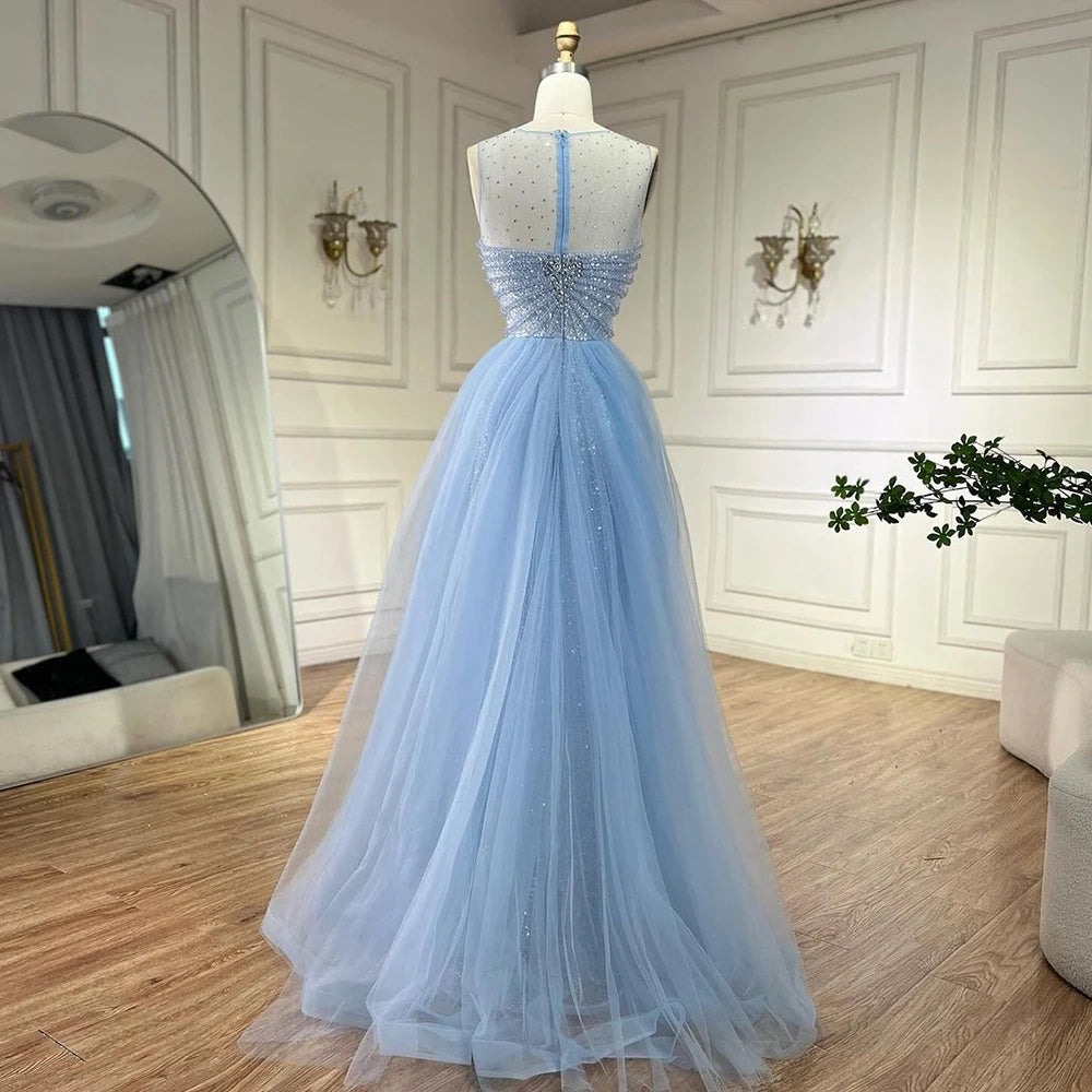 Sparkling Crystal Blue Evening Gown with Detachable Overskirt LA72588 - Elegant Prom Dress for Formal Events & Wedding Guest Attire