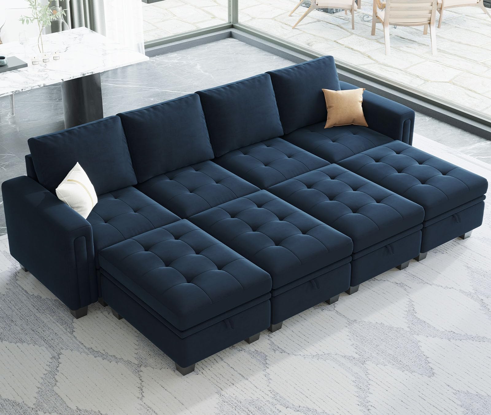 Belffin Velvet Modular Sleeper Sofa Sectional Couch with Storage | Convertible Sofa Bed with Reversible Chaise | Blue Velvet Upholstery | Perfect for Small Spaces, Guest Rooms & Apartments