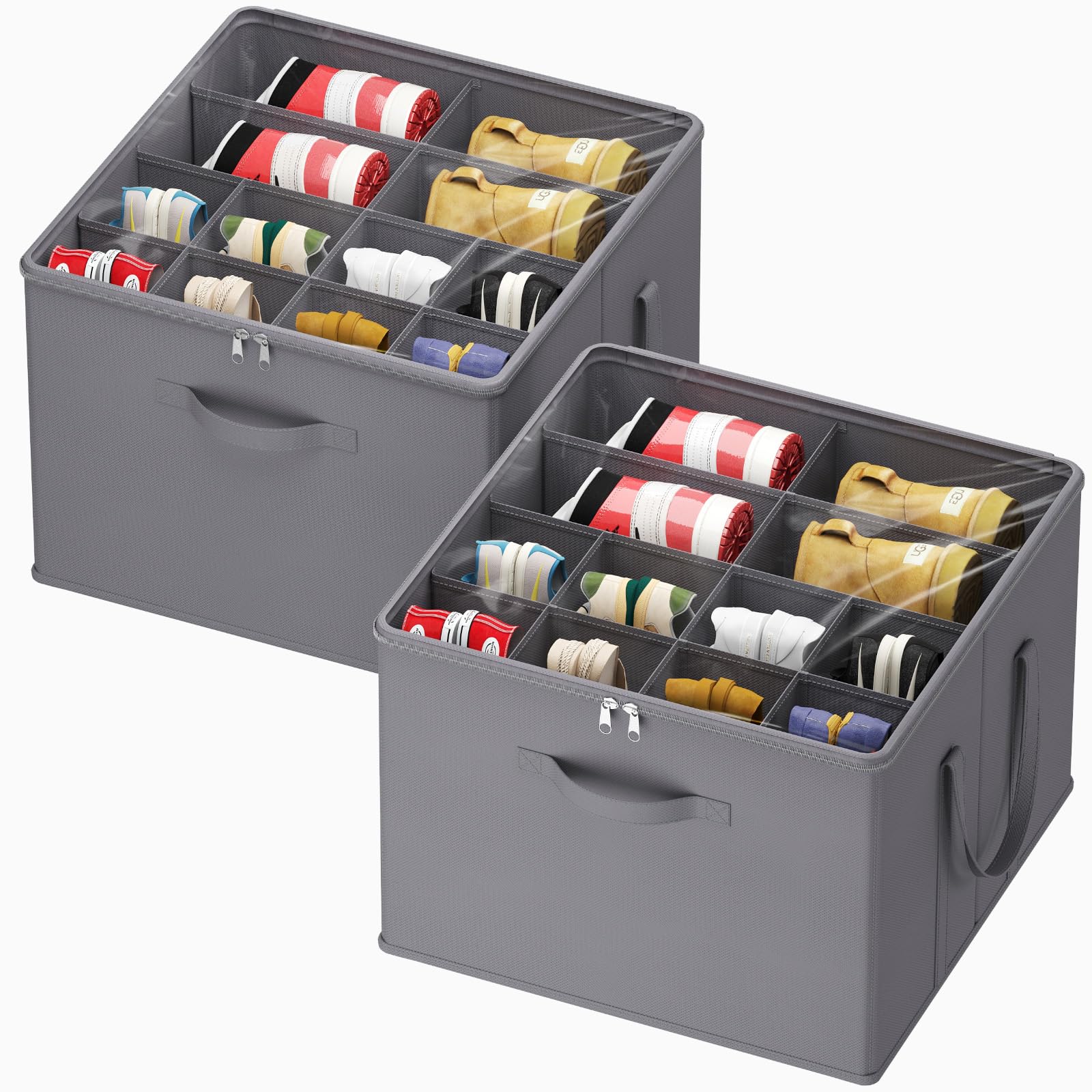 **Lifewit Foldable Shoe Storage Organizer for Closet – Holds 12-16 Pairs, Clear View & Reinforced Handles – Large Shoe Box Containers for Boots, Heels, Sneakers (2-Pack, Gray) – Perfect for Home, Office & Travel Organization**
