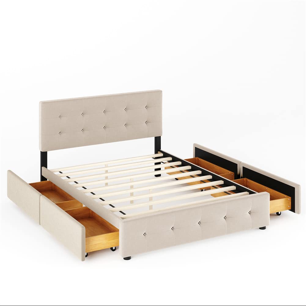Queen Size Upholstered Storage Bed Frame with 4 Drawers & Headboard - Linen Fabric Wooden Platform Bed - Modern Bedroom Furniture (Beige) - Perfect for Small Space Organization & Master Bedroom Decor