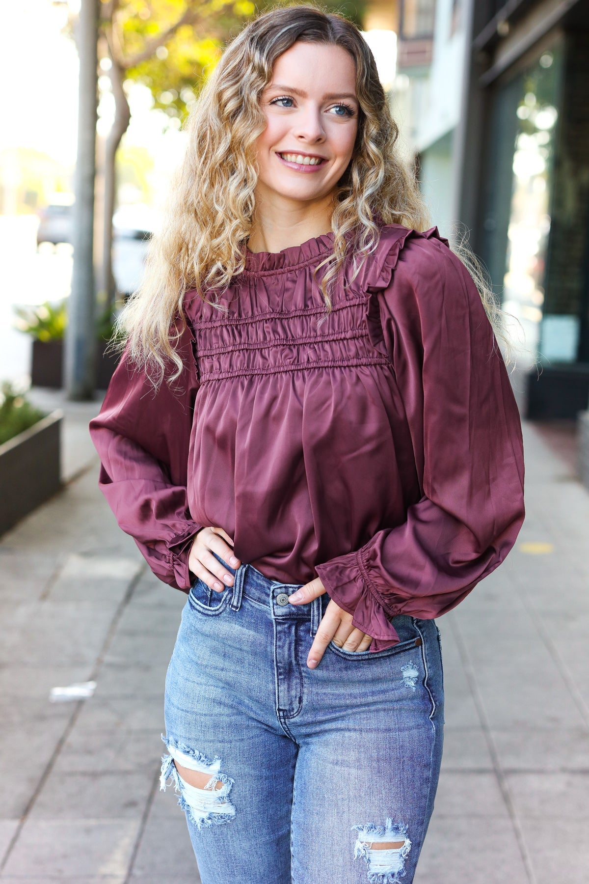 Stylish Wine Satin Shirred Yoke Frilled Mock Neck Top for Women | Elegant Blouse for Date Night, Parties & Special Occasions