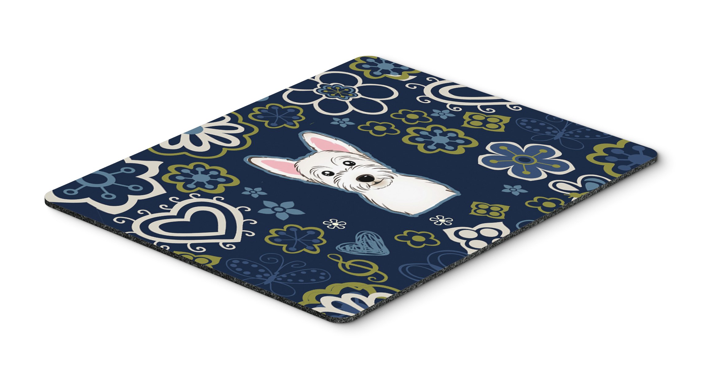Blue Flowers Westie Mouse Pad - Large Washable Non-Slip Desk Mat for Home Office, Gaming & Computer Work | Heat-Resistant Hot Pad & Trivet for Kitchen Use | Cute Dog Design Home Decor Accessory