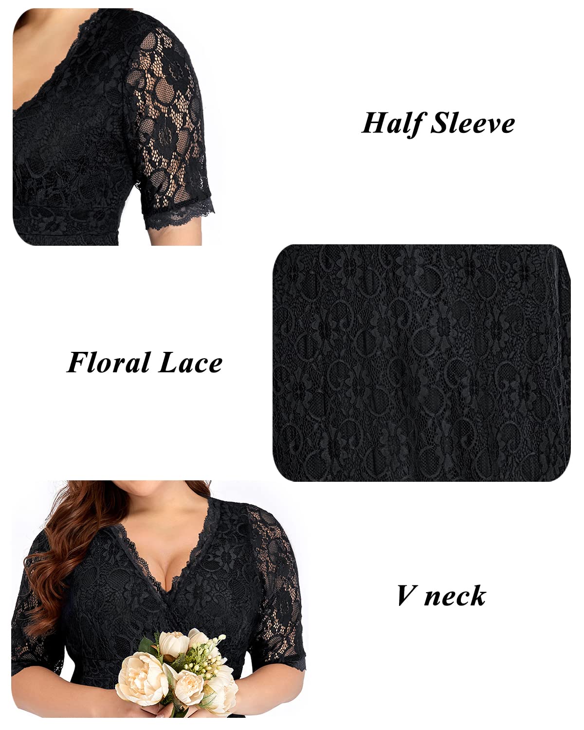 Plus Size Women's Lace Wrap V-Neck Knee-Length Dress for Wedding Guest & Cocktail Party | Semi-Formal Elegant Attire for Special Occasions