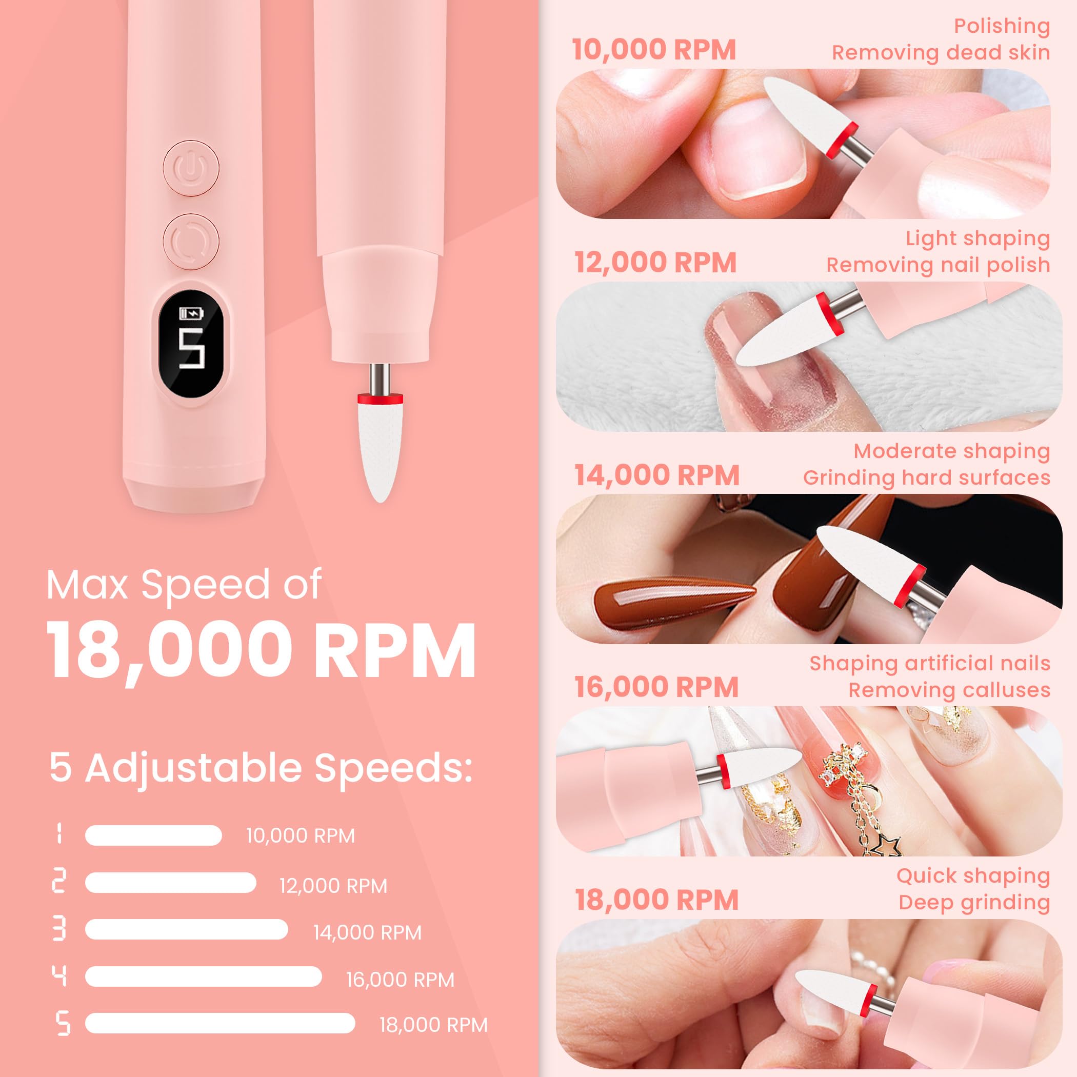 Professional Cordless Electric Nail Drill Kit - Rechargeable Portable Nail File with 5 Speed Modes, LED Light & Reversible Rotation for Home Salon, Manicure Pedicure & DIY Nail Care (Pink)