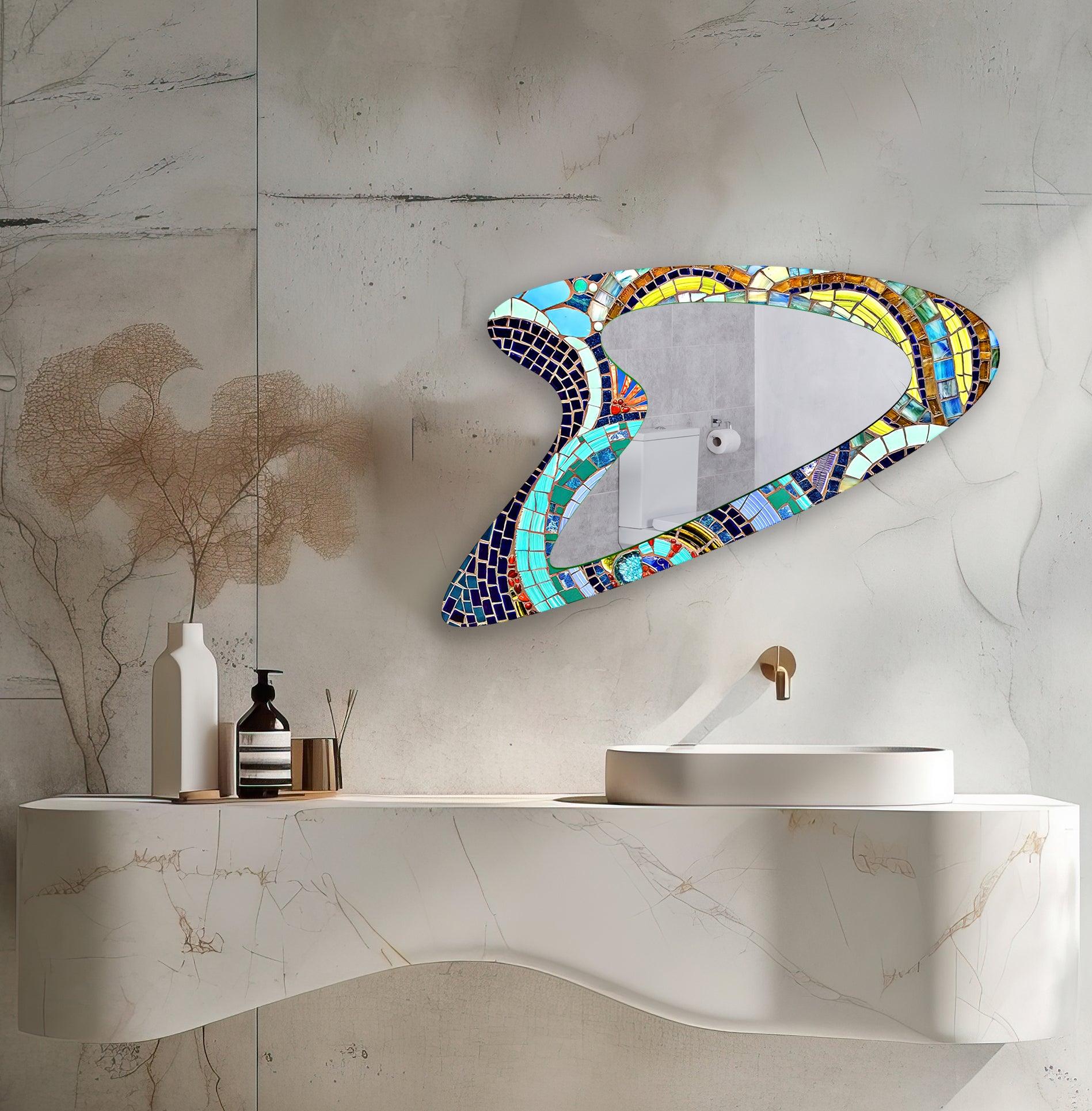 Vibrant Mosaic Decorative Glass Wall Mirror - Handcrafted Home Decor for Bathroom, Bedroom & Entryway - Adds Bohemian Style to Any Space