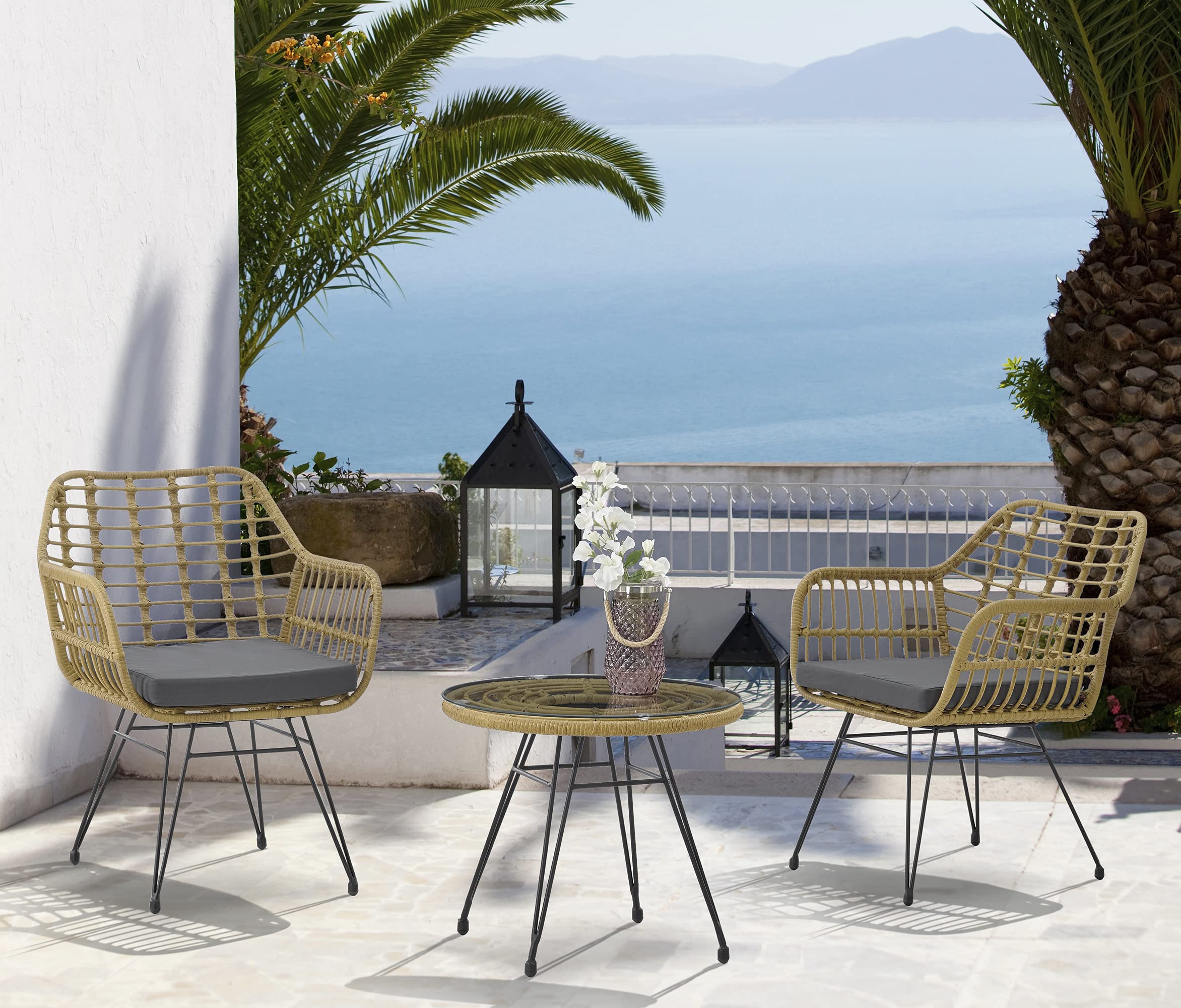 Modern Rattan Coffee Table Set 3-Piece Outdoor Furniture - Wicker Patio Chairs & Glass Top Table - Garden Bistro Set (2 Chairs + 1 Table) for Backyard, Balcony & Poolside Relaxation