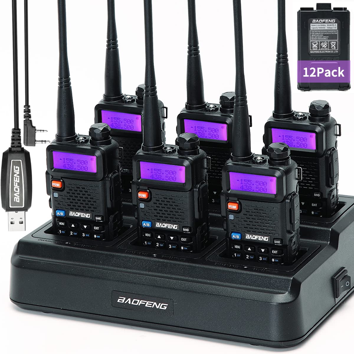 BAOFENG UV-5R Dual Band Ham Radio - Long Range Walkie Talkie with 6-Port Multi Charger & 12Pack 1800mAh Batteries - FCC Certified Rechargeable Two Way Radio for Outdoor Adventures, Construction Sites, and Emergency Communication