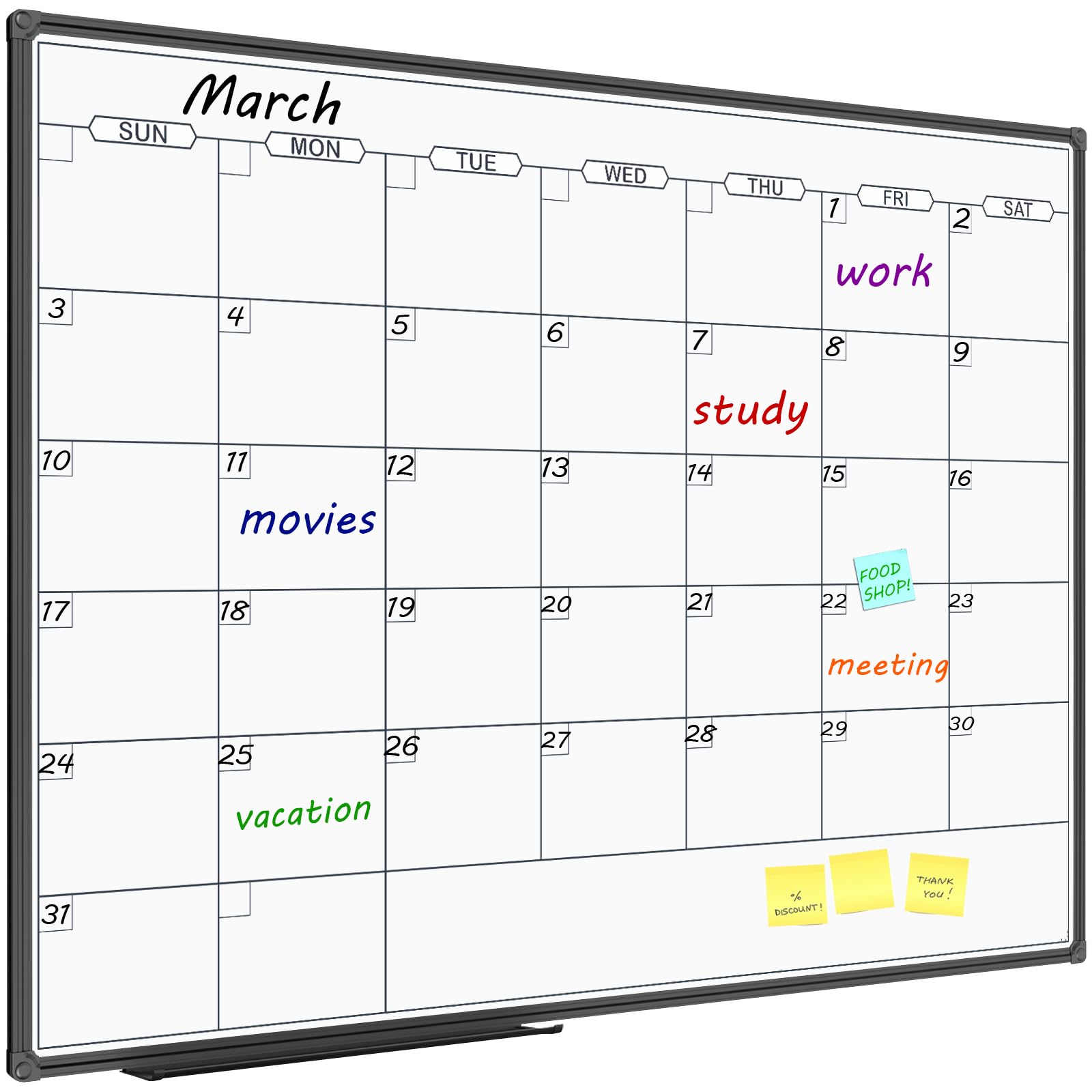 Magnetic Dry Erase Calendar Whiteboard - 48x36 Inch Monthly Planner with Black Aluminum Frame | Wall Mounted Office, Home & School Whiteboard for Scheduling, Planning & Organization
