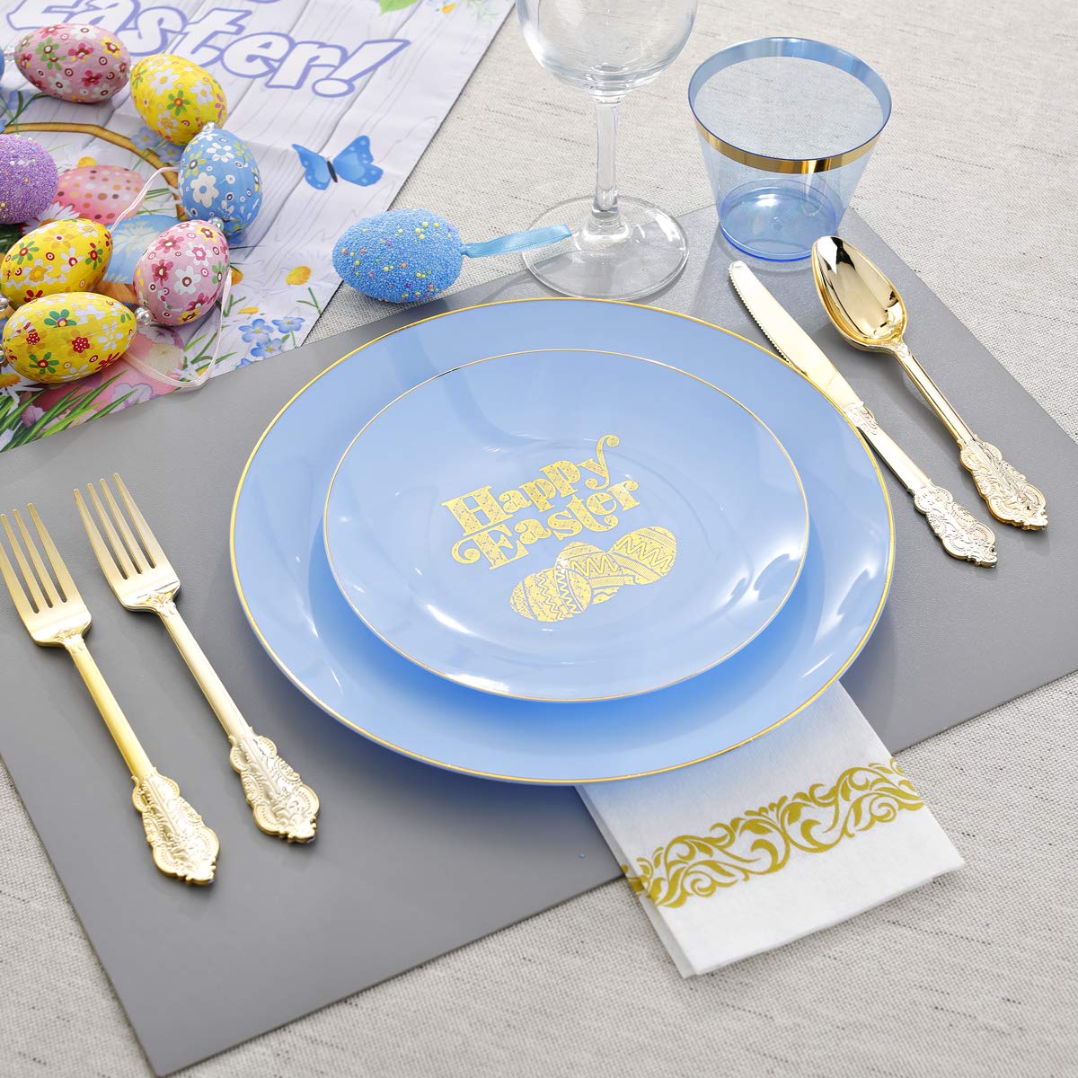 150-Piece Easter Party Tableware Set - Blue & Gold Disposable Plastic Plates, Cutlery & Cups for Easter Egg Hunt, Brunch, and Spring Celebrations