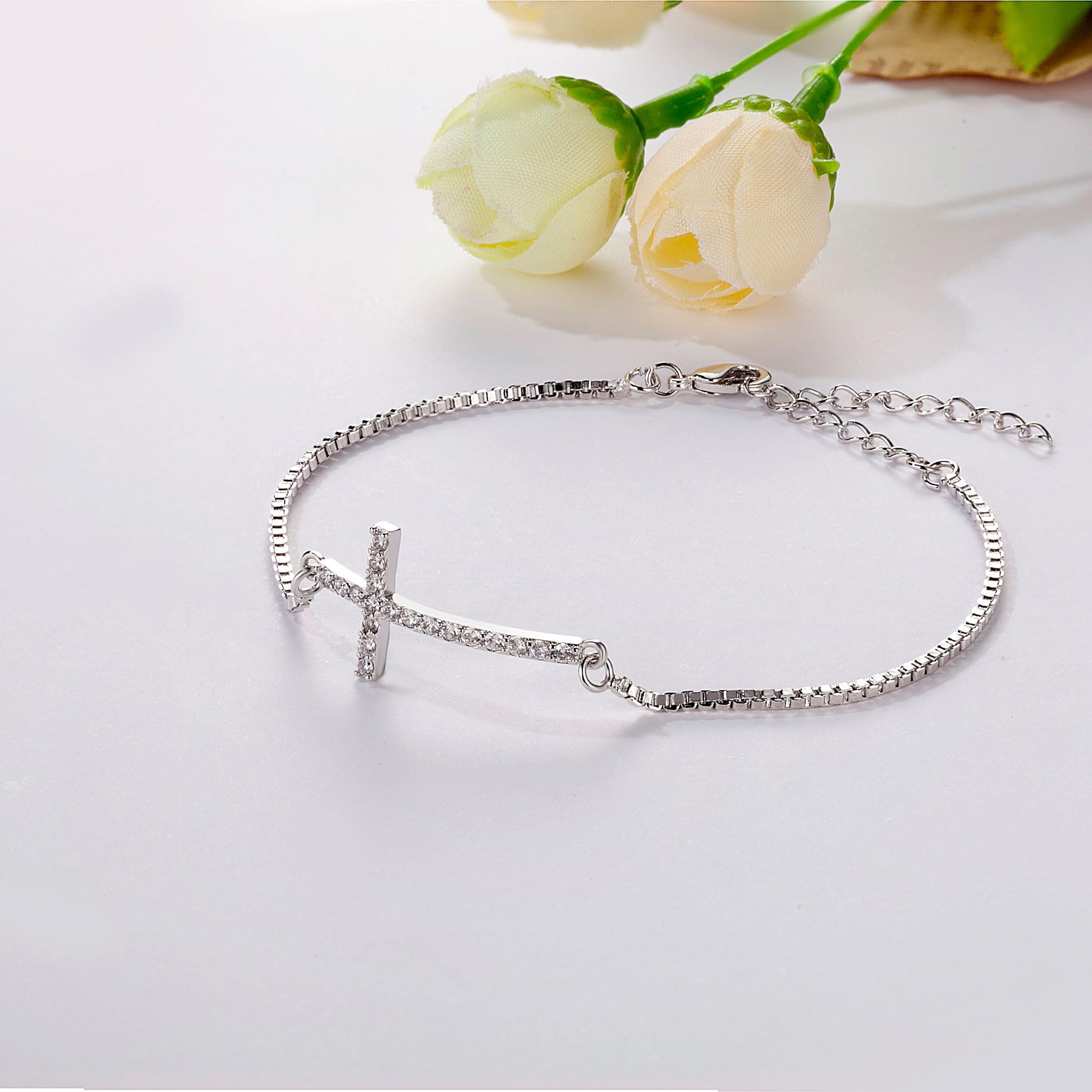 USEEDOVIA 925 Sterling Silver Cross Bracelet for Women | Cubic Zirconia Adjustable Charm Bracelet | Elegant Jewelry Gift for Birthday, Christmas, Anniversary | Perfect for Church, Wedding & Everyday Wear