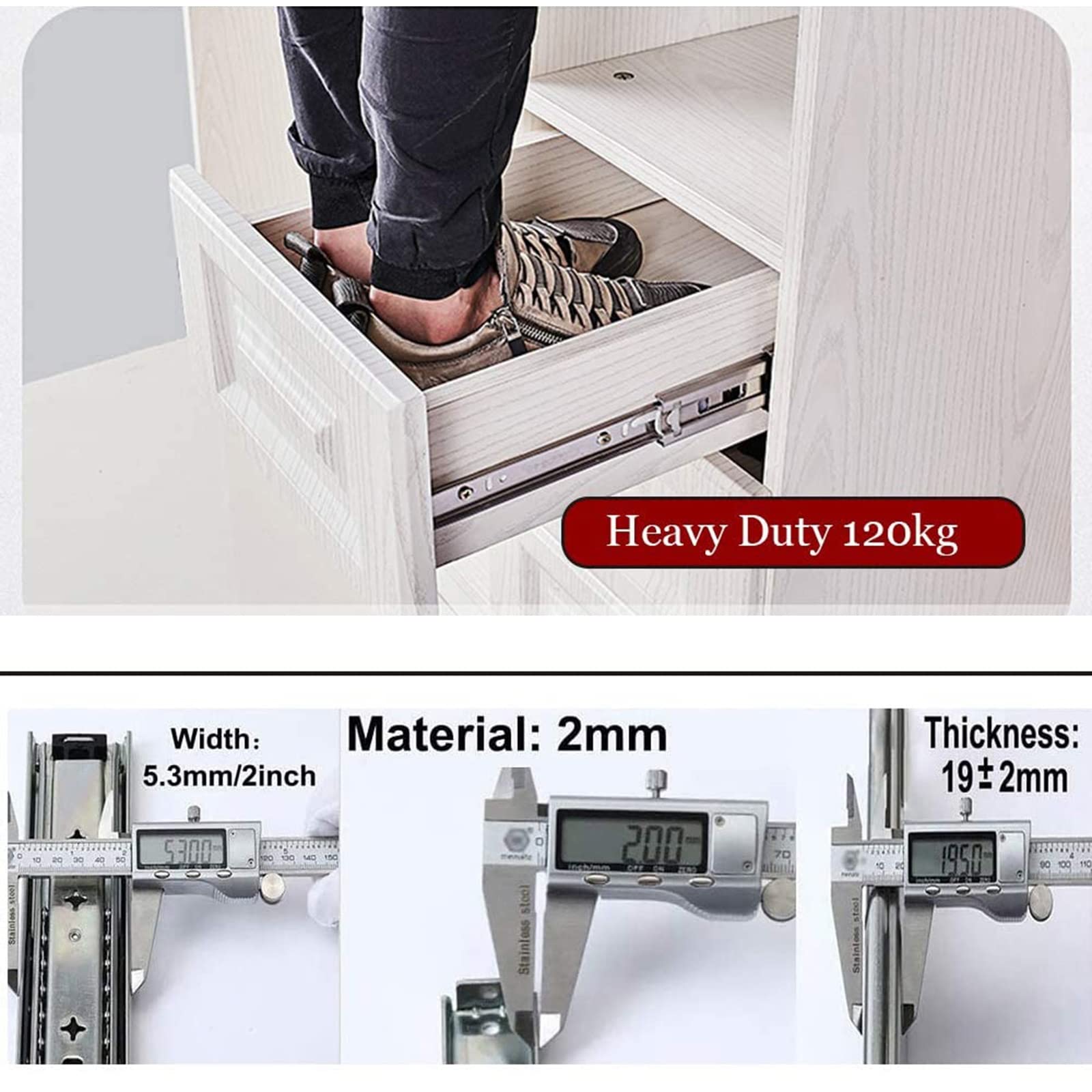 Heavy Duty Metal Ball Bearing Drawer Slides - Full Extension 3-Section Side Mount Soft Close for Kitchen Cabinets, Garage Storage | Durable & Smooth Gliding for Easy Access