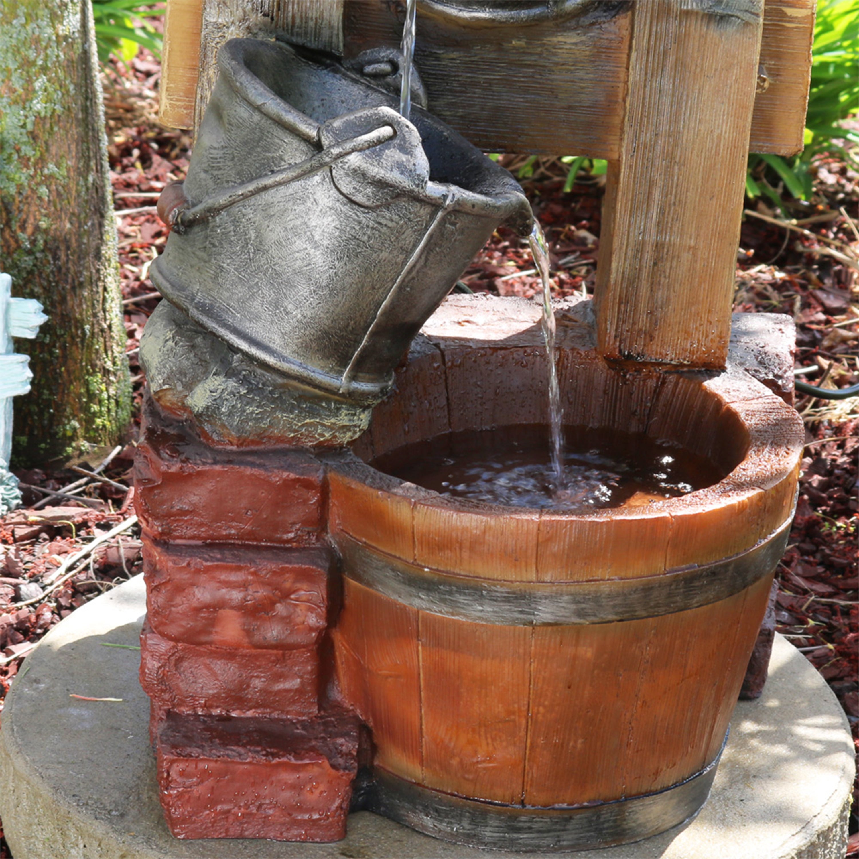 Sunnydaze Rustic Pouring Buckets Outdoor Fountain with Solar Lantern - 34 Inch Garden Water Feature for Patio, Yard & Landscaping Decor