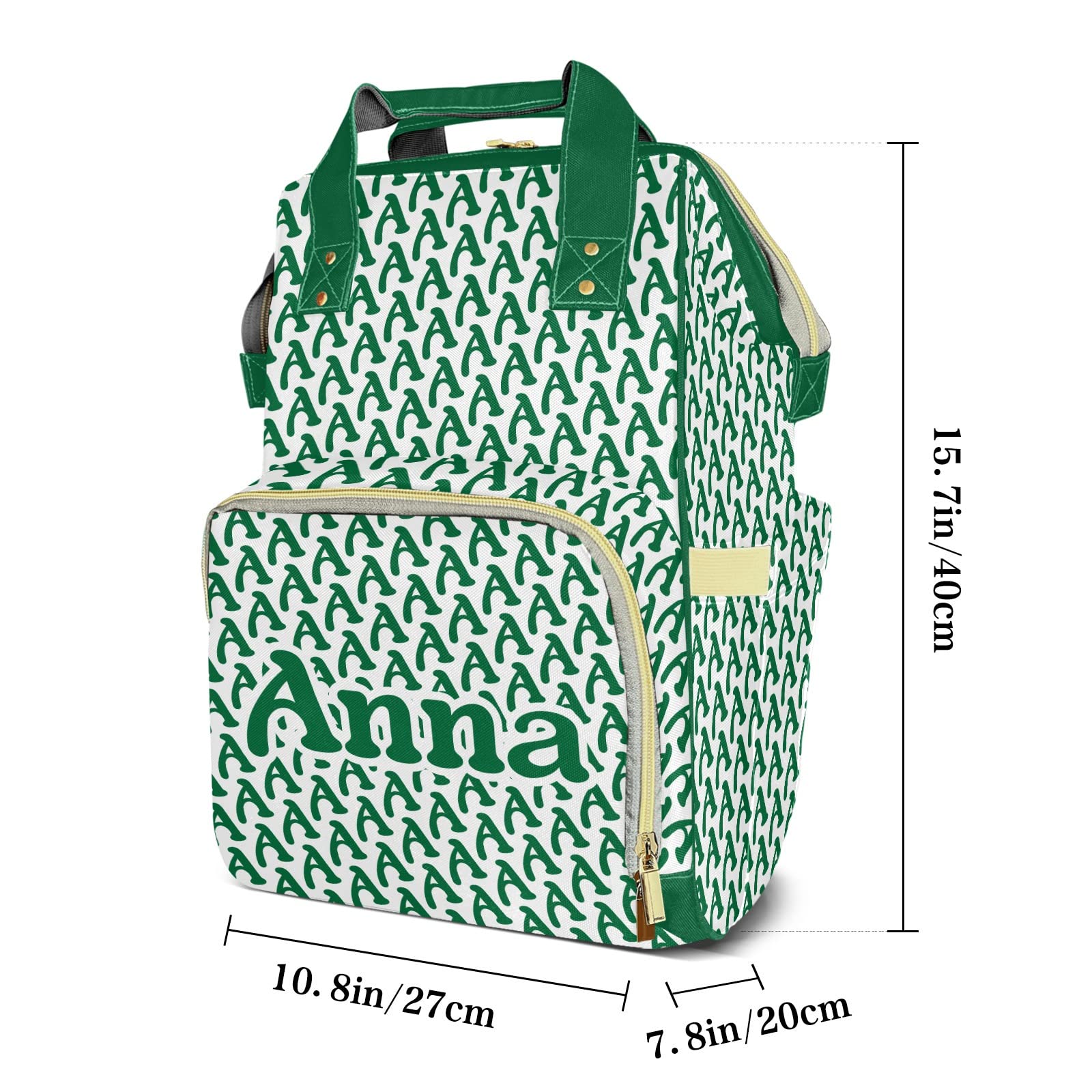 Stylish Green Alphabet Print Diaper Backpack - Personalized Baby Bag for Moms & Dads | Perfect for Nursing, Travel & Everyday Use