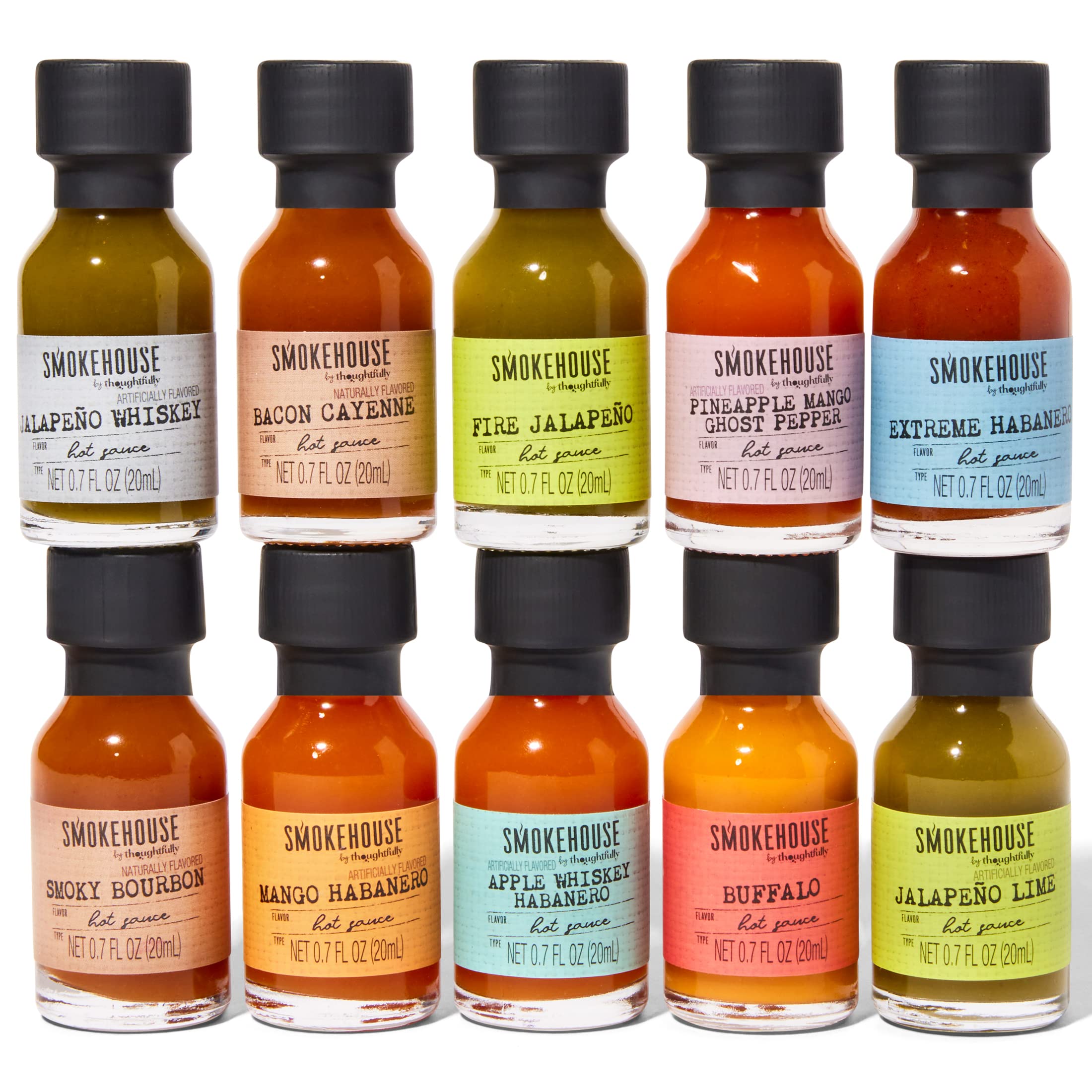 Thoughtfully Smokehouse Gourmet Hot Sauce Gift Set - 10-Piece Variety Pack with Mango Habanero, Buffalo, Bacon Cayenne, Smoky Bourbon & Fire Jalapeño | Perfect for BBQ, Wings, Tacos & Spicy Food Lovers