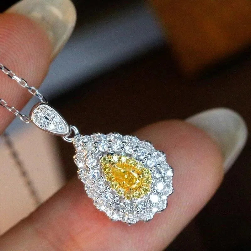 18K White Gold Real Yellow Natural Diamond Vintage Droplet Pendant Necklace for Women - Elegant Wedding, Anniversary & Special Occasion Jewelry Gift