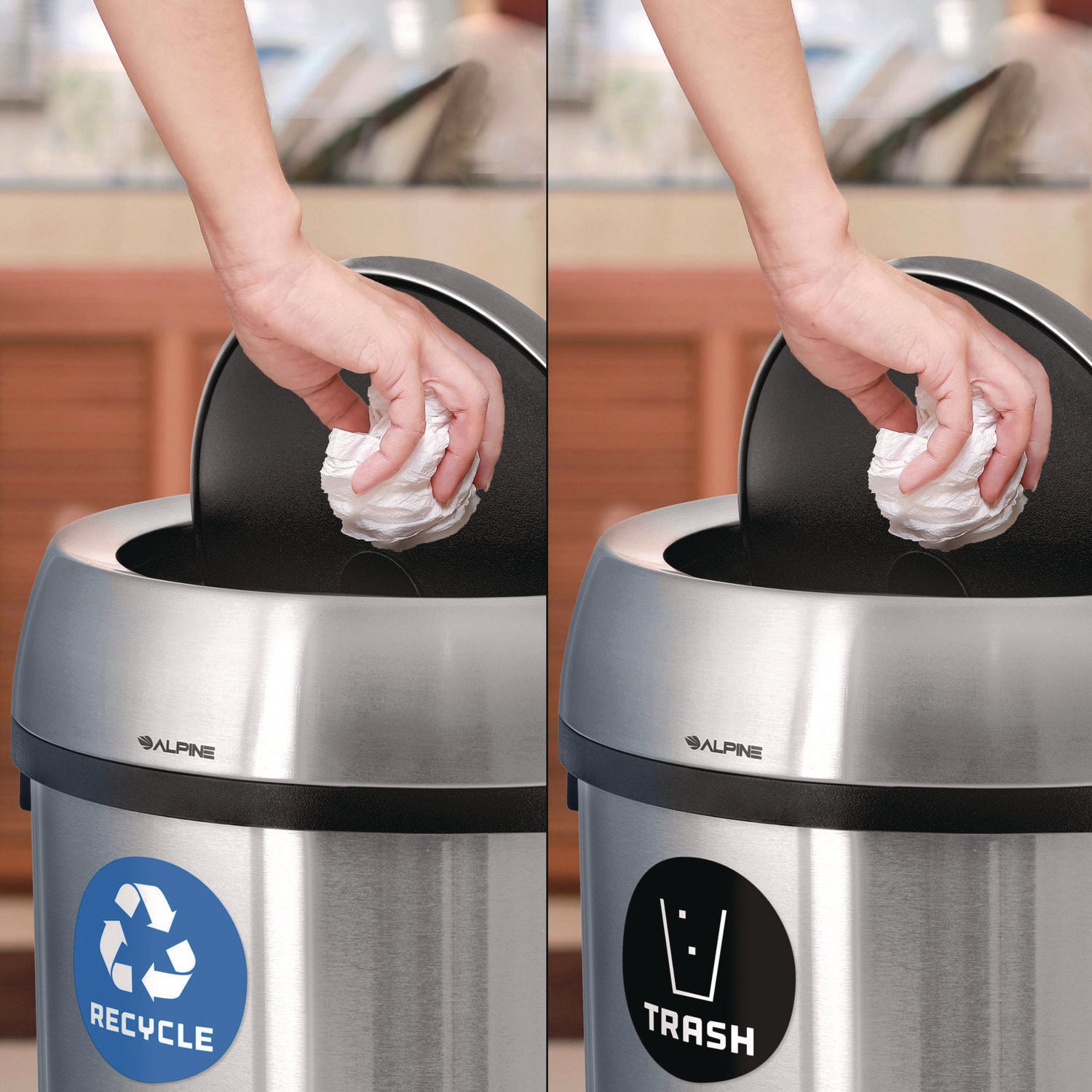 Alpine Industries 17 Gallon Stainless Steel Recycling Bin with Open Top - Durable Trash Can for Home, Office & Commercial Use - Perfect for Kitchen, Garage & Outdoor Waste Disposal