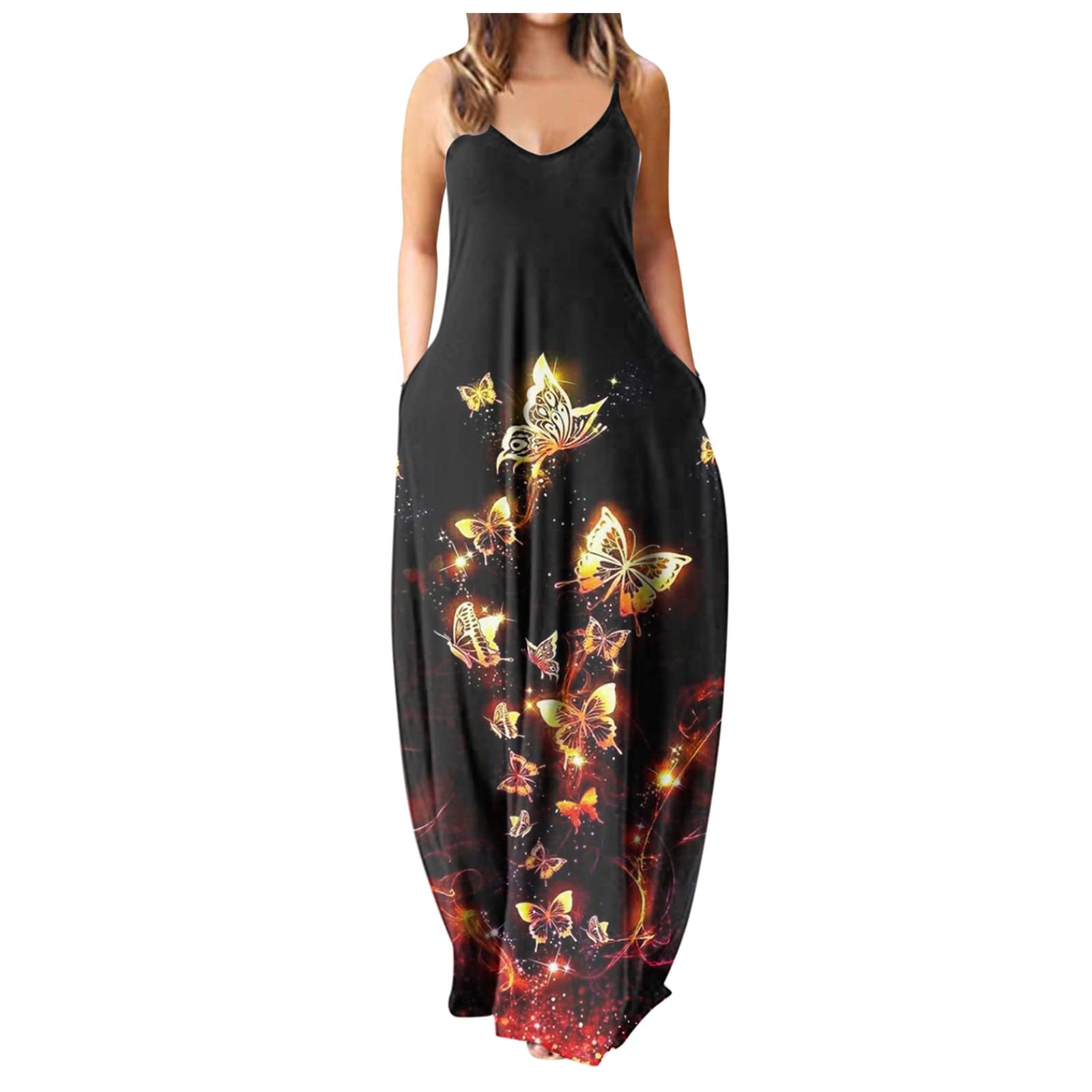 Sukilimiy Women's Plus Size Casual Sleeveless Floral Print Maxi Dress - Loose Boho Sundress with Pockets for Summer Beach, Vacation & Outdoor Wear