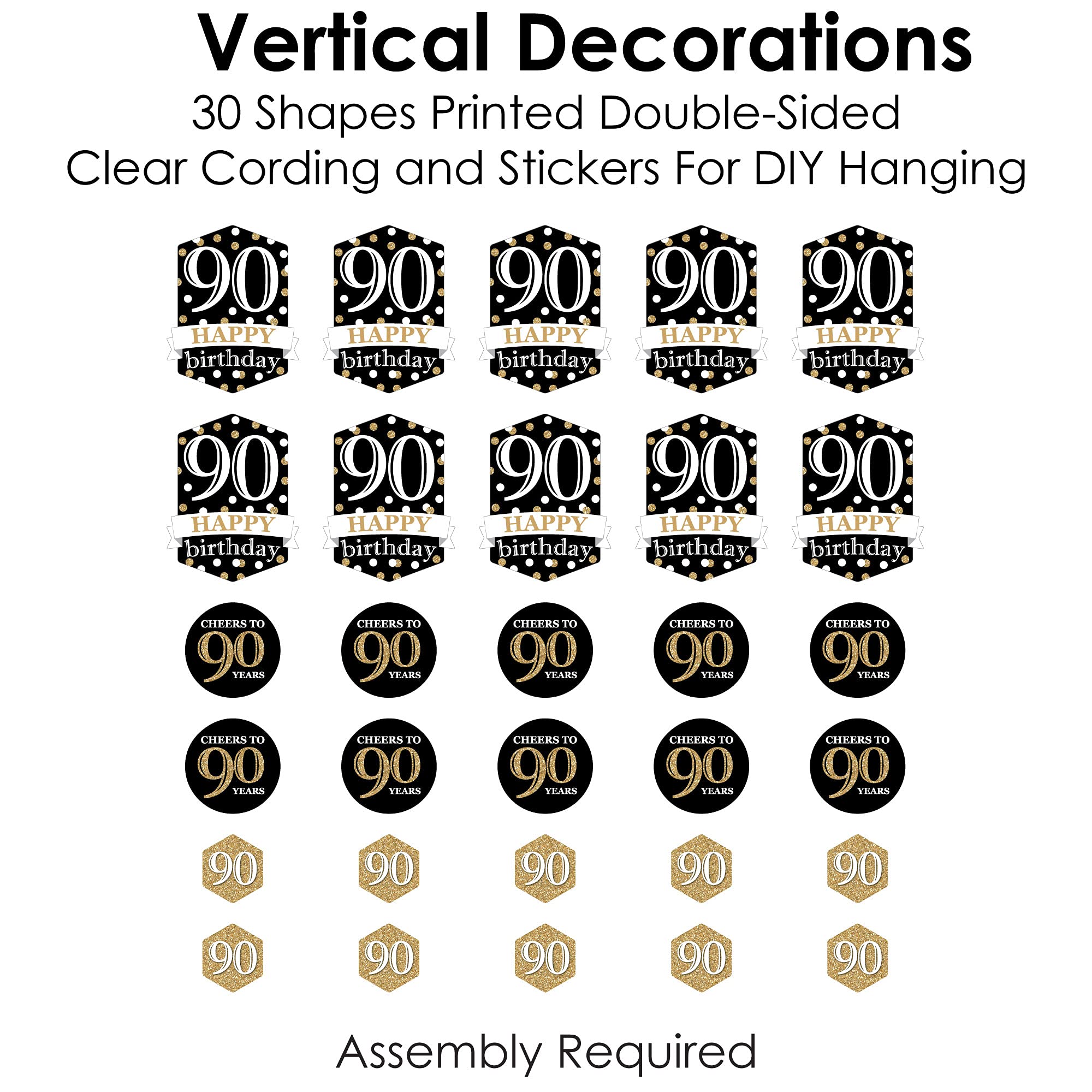 Big Dot of Happiness Gold 90th Birthday Party Decorations - 30-Piece DIY Hanging Backdrop Kit for Adult Milestone Celebrations - Perfect for Wall Decor, Photo Booths & Anniversary Parties