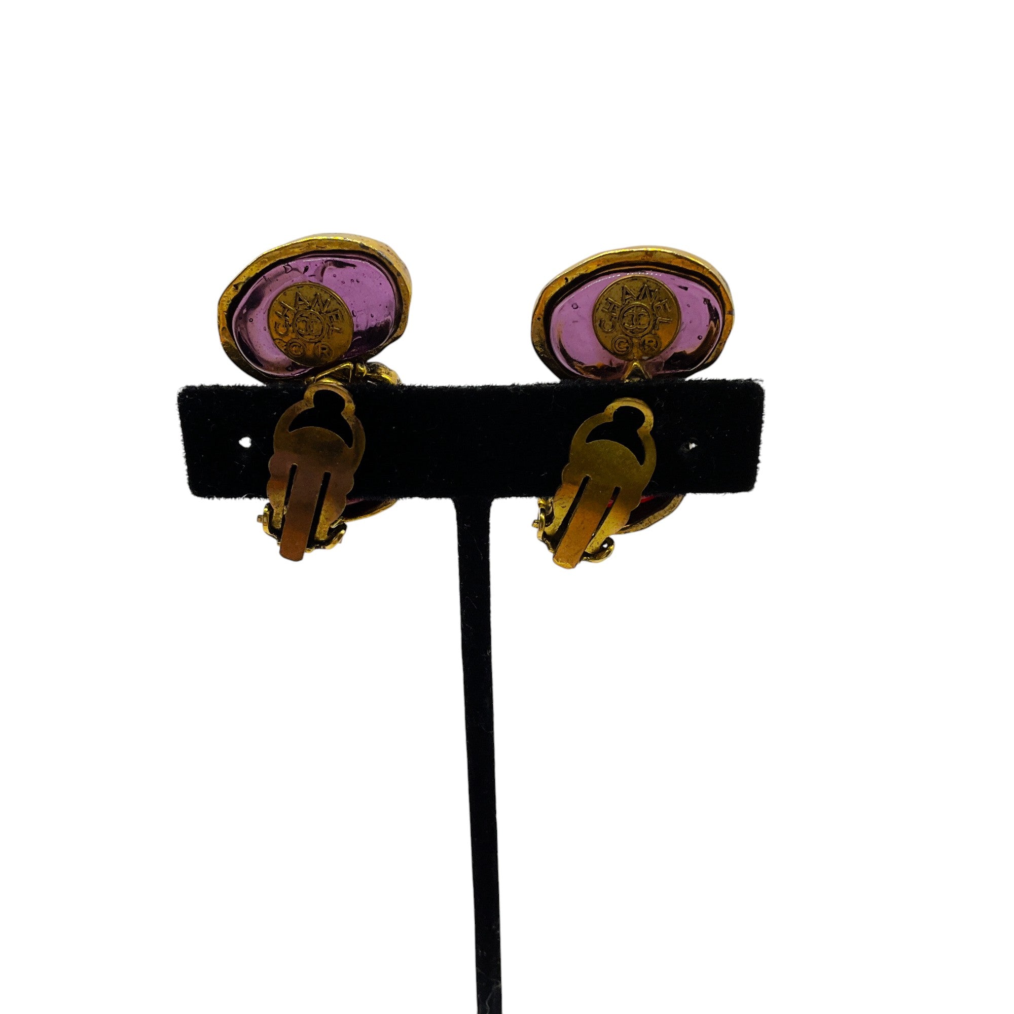 Vintage Chanel Purple & Gold Enamel Clip-On Earrings - Luxury Fashion Jewelry for Women, Perfect for Parties, Weddings & Special Occasions