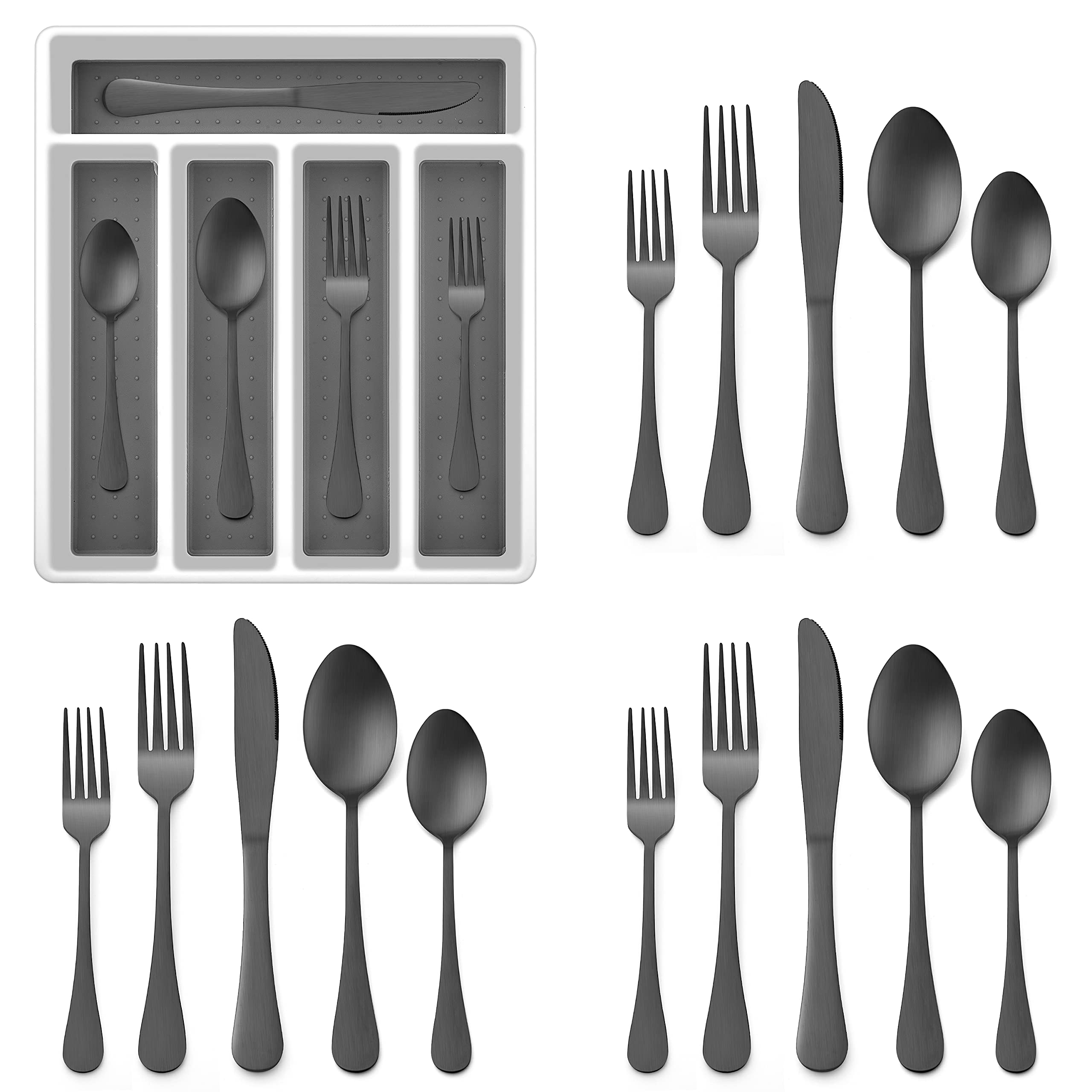 20-Piece Stainless Steel Flatware Set with Tray - E-far Matte Black Silverware Cutlery Set for 4, Dishwasher Safe Eating Utensils & Tableware with Plastic Organizer - Perfect for Home Kitchen, Dinner Parties, and Everyday Dining