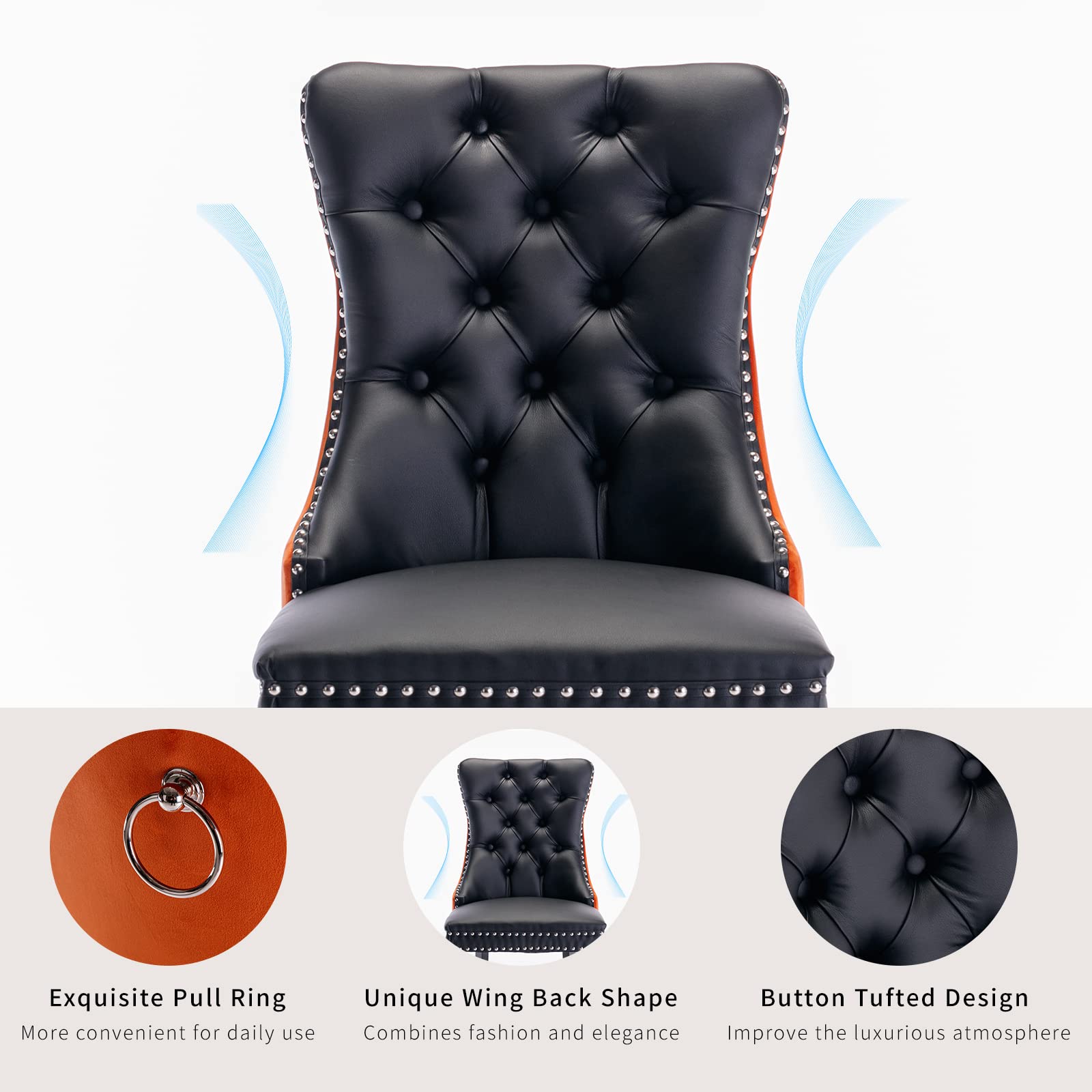 Luxury Velvet & PU Leather Dining Chairs Set of 6 - Tufted Upholstered Kitchen & Dining Room Chairs with Solid Wood Frame (Black & Orange) - Perfect for Modern Homes, Restaurants & Office Break Rooms