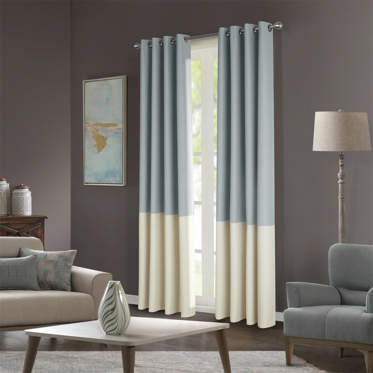 Dreaming Casa Modern Color Block Blackout Curtains - Light Grey & Ivory Grommet Window Panels (100
