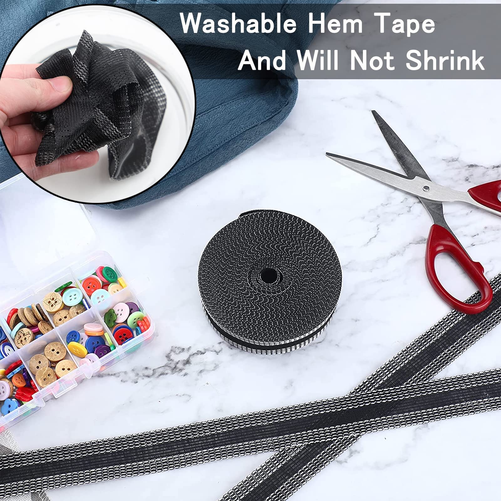 No-Sew Self-Adhesive Hem Tape for Pants, Jeans, Dresses & Curtains - Iron-On Fabric Adhesive Tape (3.3 Yards, Black) | Easy Wash & Soft Finish for DIY Clothing Alterations & Home Decor Projects