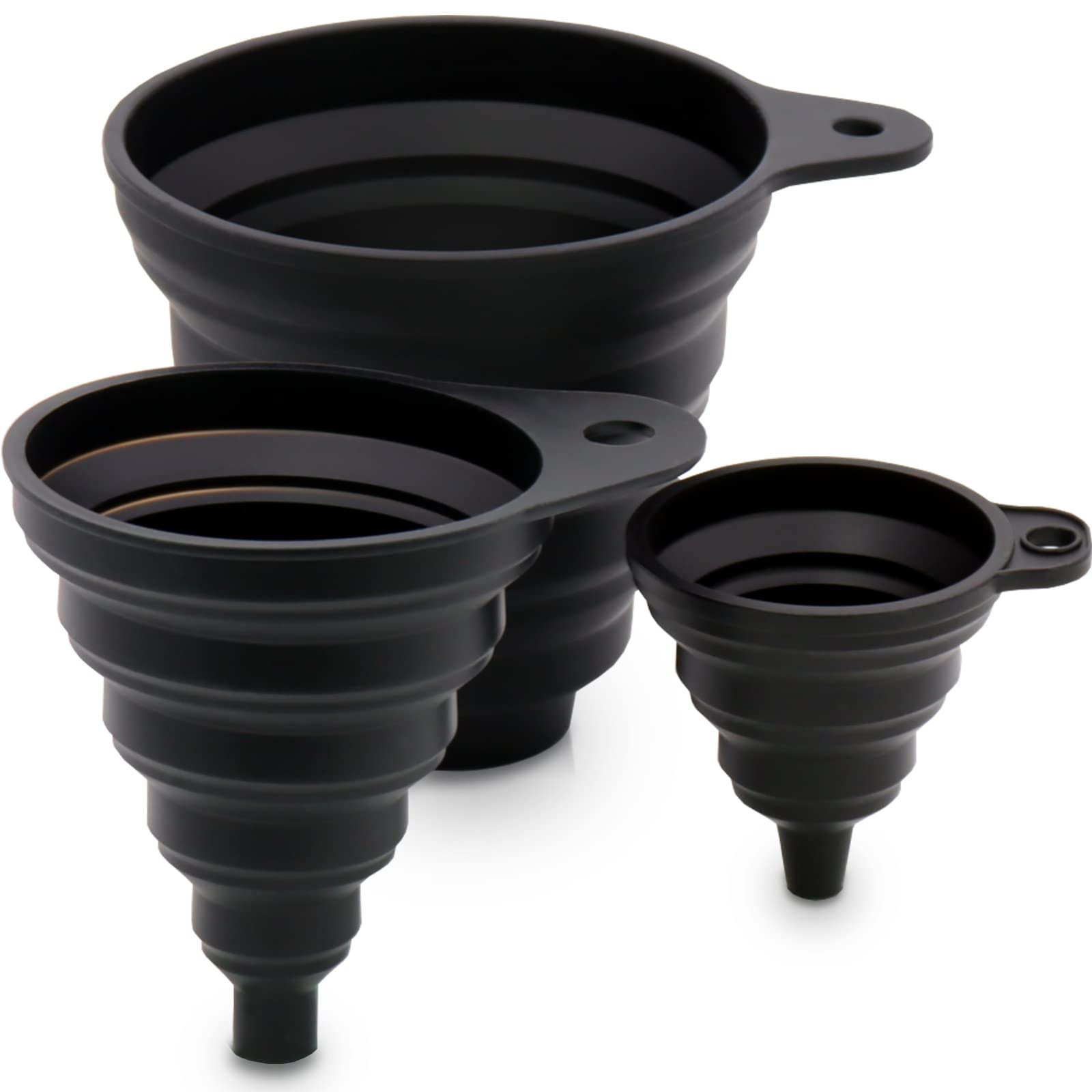 Premium 3-Piece Silicone Collapsible Kitchen Funnel Set - Food Grade Liquid & Powder Transfer Funnel for Bottles, Jars & Canning - Large, Medium & Small Wide Mouth Funnels for Cooking, Baking, Home Brewing & DIY Projects