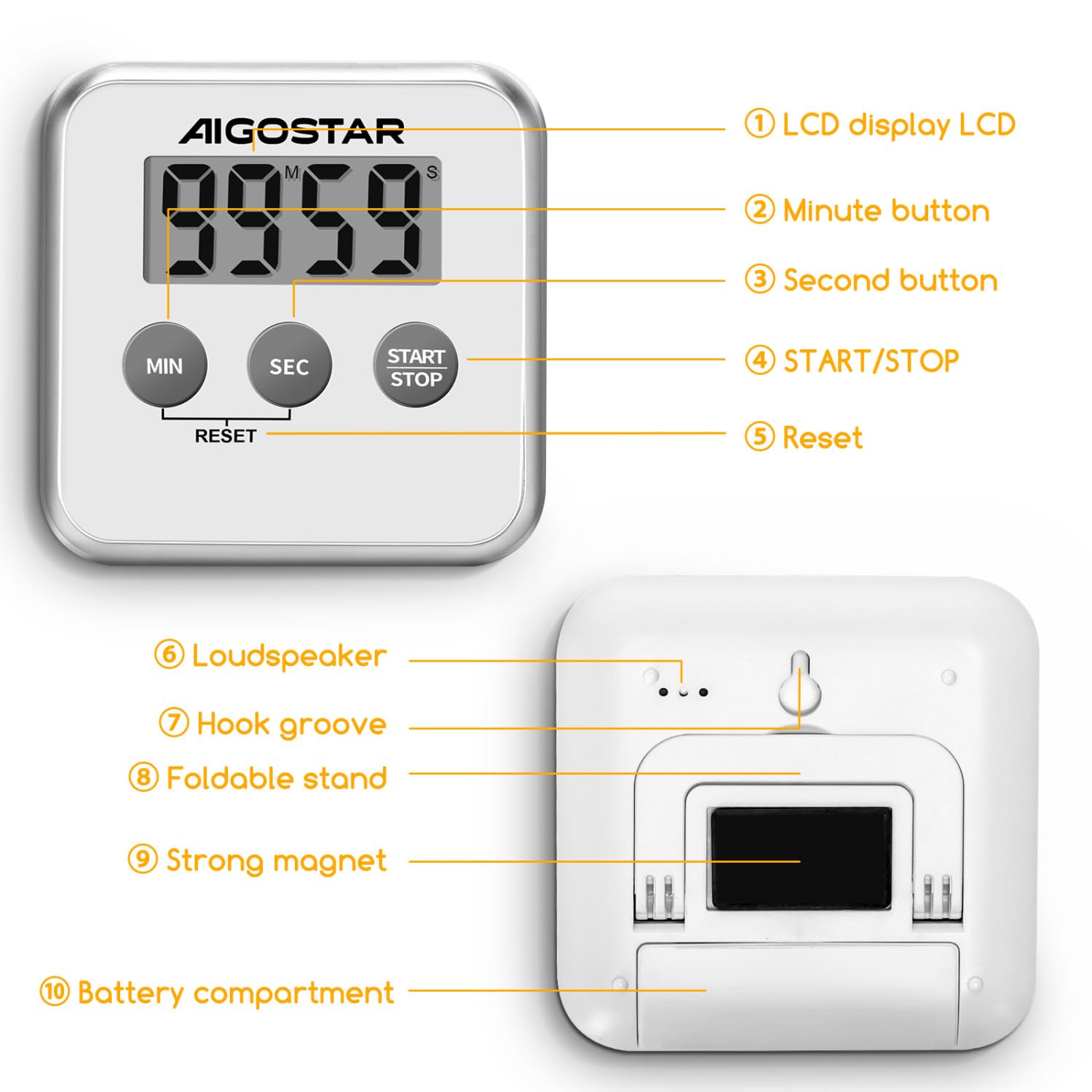 Aigostar Digital Kitchen Timer with Large LCD Display - 3-in-1 Countdown Timer, Alarm Clock & Stopwatch - Magnetic Back, Stand & Hole for Easy Mounting - Perfect for Cooking, Studying, Workout & Office Use