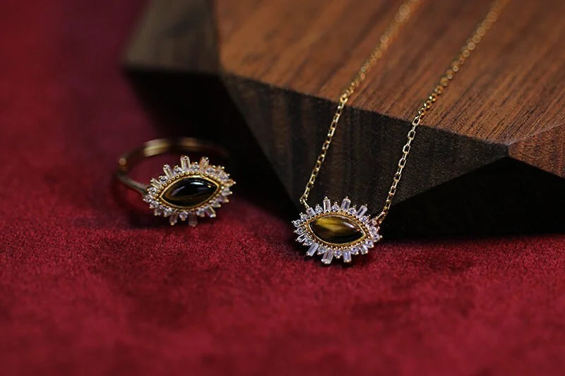 925 Silver 14K Gold Plated Natural Tiger Eye Crystal Ring & Necklace Set - Elegant Jewelry for Women | Perfect for Gifts, Parties & Special Occasions