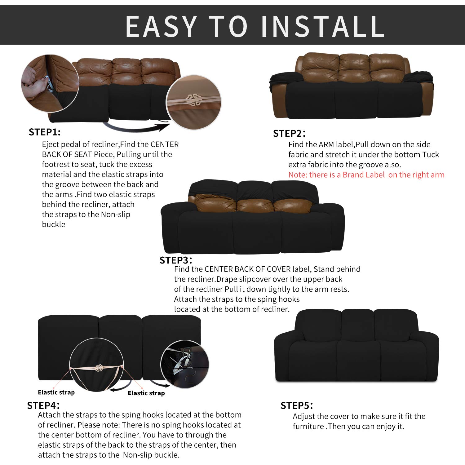 8-Piece Stretch Recliner Sofa Slipcover Set - Spandex Jacquard Fabric with Elastic Bottom - Soft Furniture Protector for Couches (Black Small Checks) - Perfect for Pets, Kids & Everyday Use