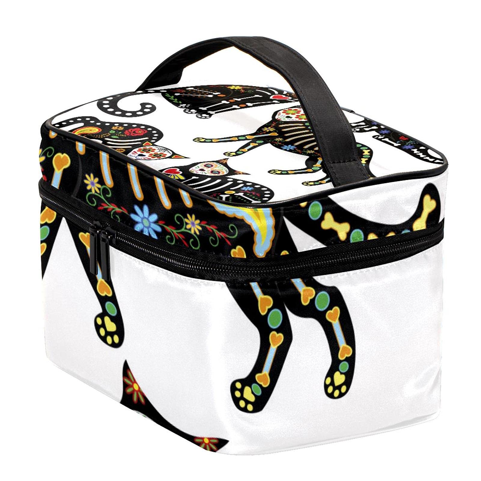 Mexican Day of The Dead Sugar Skull Black Cats Large Travel Makeup Bag - Waterproof Cosmetic Organizer with Zipper for Women & Girls | Perfect for Travel, Gym, and Daily Use