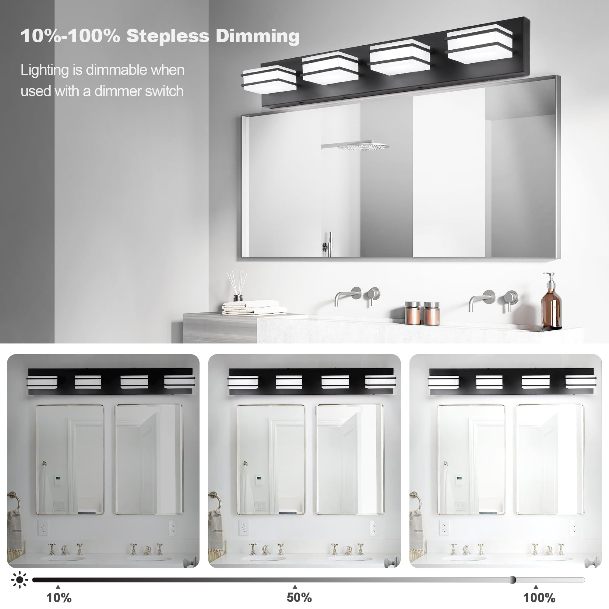 3-Color Temperature Dimmable LED Bathroom Vanity Light Fixture - Black 4-Light Over Mirror Lighting with Acrylic Stainless Steel Square Shade - ETL Certified for Bathroom, Bedroom & Dressing Room Makeup Area