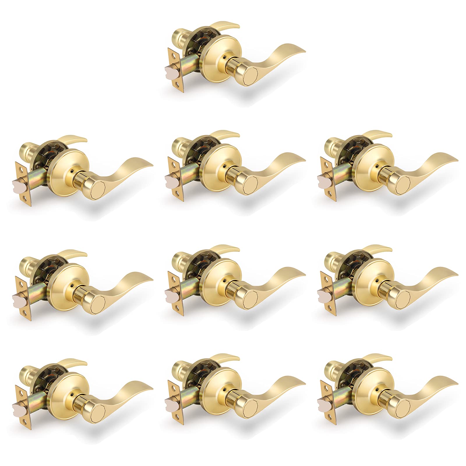 10-Pack Drop/Wave Hall & Closet Door Locks - Polished Brass Interior Passage Levers for Bedrooms, Bathrooms & Kids' Rooms | Secure Privacy & Child Safety Solution