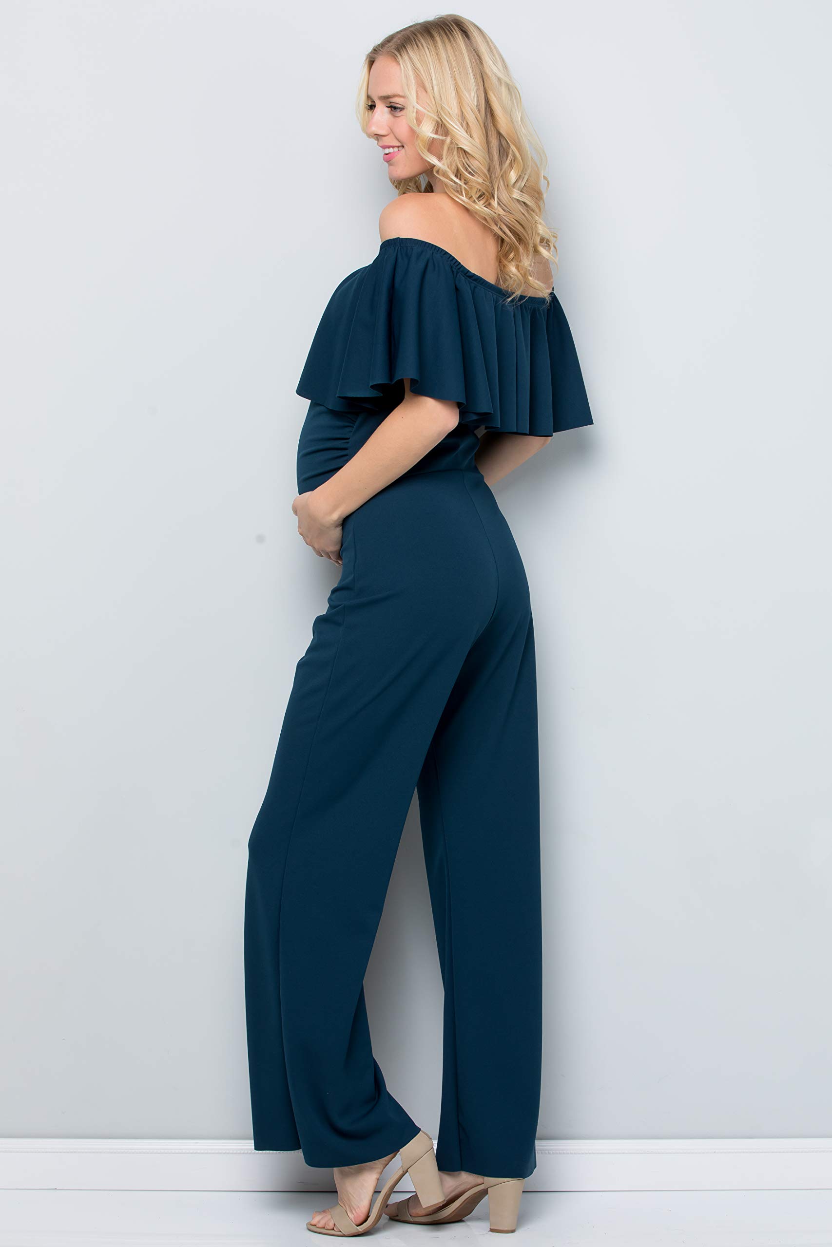 My Bump Maternity Ruffle Off Shoulder Jumpsuit - Made in USA | Comfortable Pregnancy Outfit for Baby Shower, Maternity Photos & Special Occasions