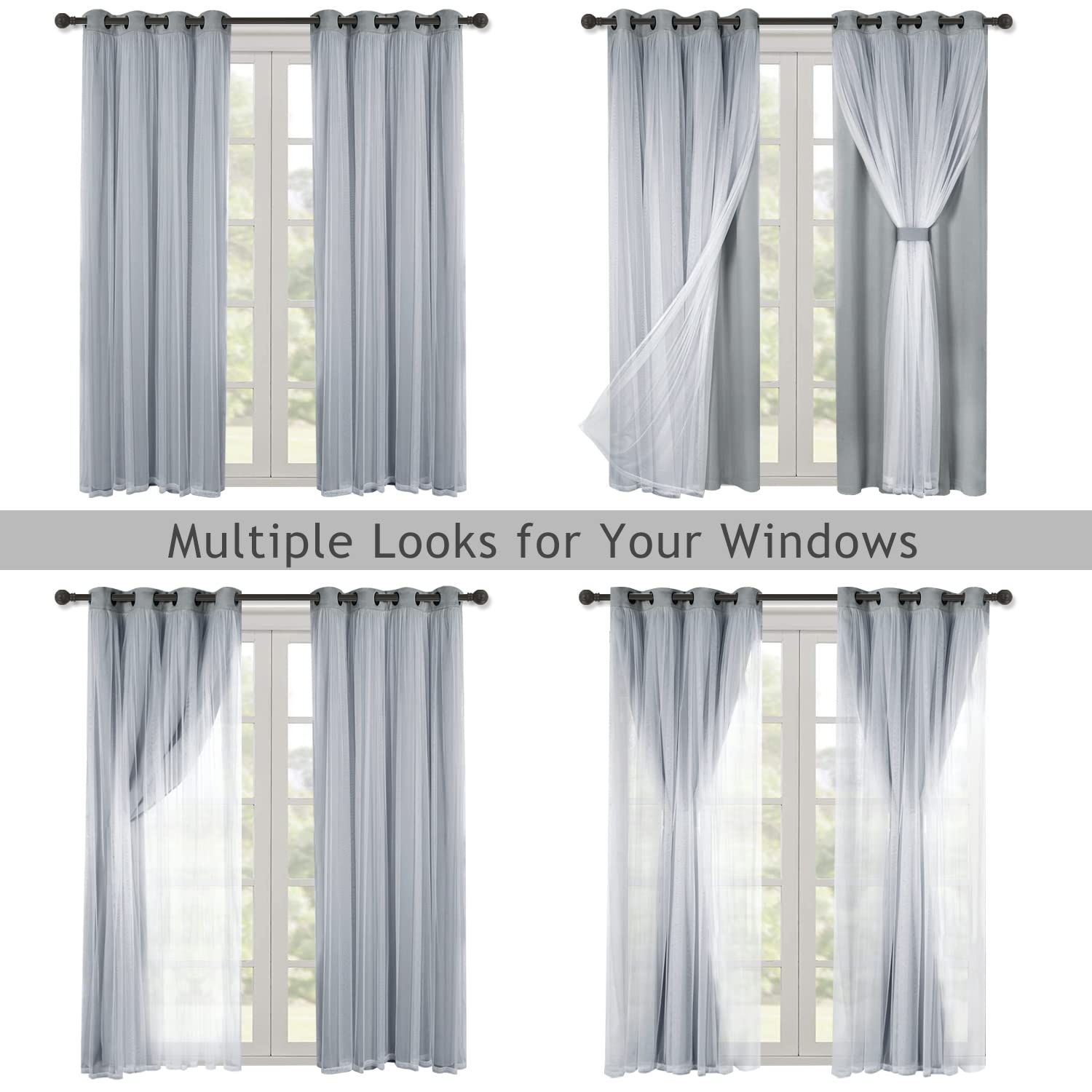 BONZER White Sheer Tulle Overlay Blackout Curtains with Grommet Top - 52x63 Inch Set of 2 Panels - Light Filtering & Room Darkening for Bedroom, Living Room & Nursery - Cloud Grey