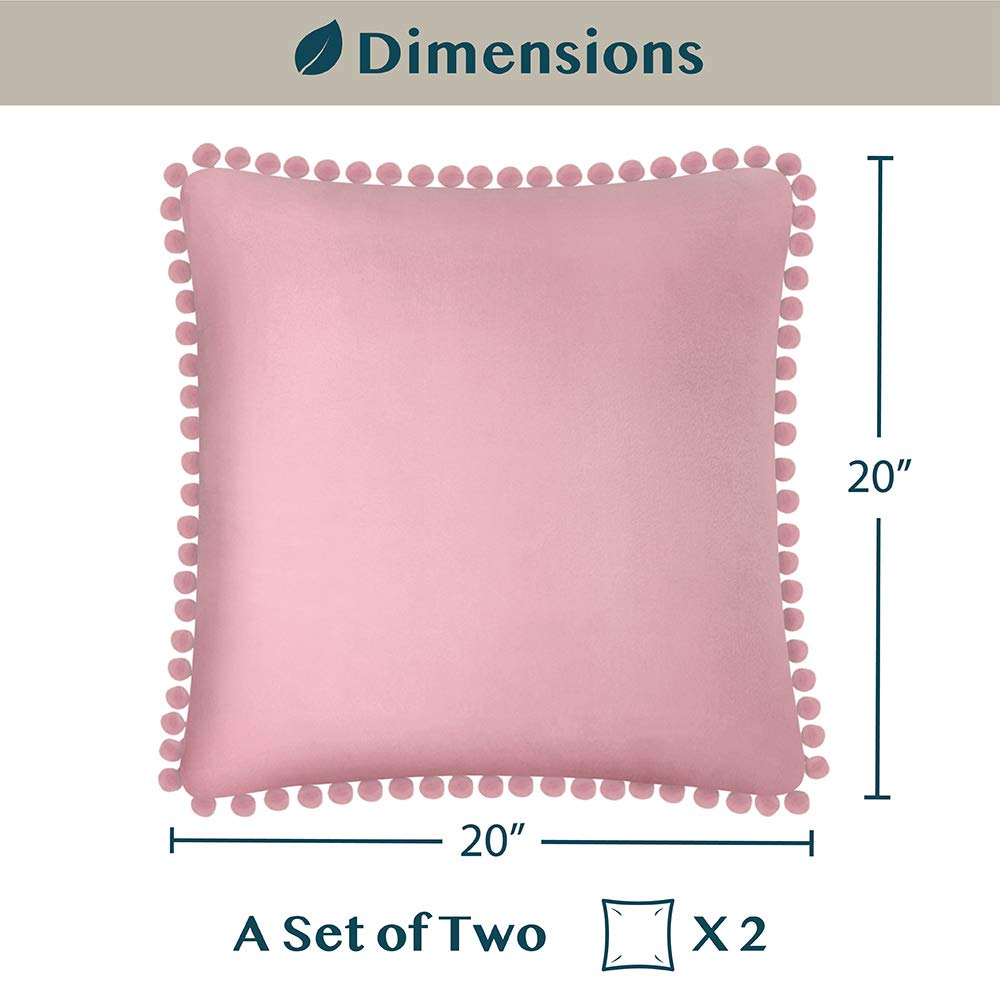 PAVILIA 20x20 Blush Pink Velvet Throw Pillow Covers Set of 2 - Soft Pom Pom Decorative Cushion Covers for Bed, Sofa, Couch & Home Decor - Cozy Living Room & Bedroom Aesthetic Accessories