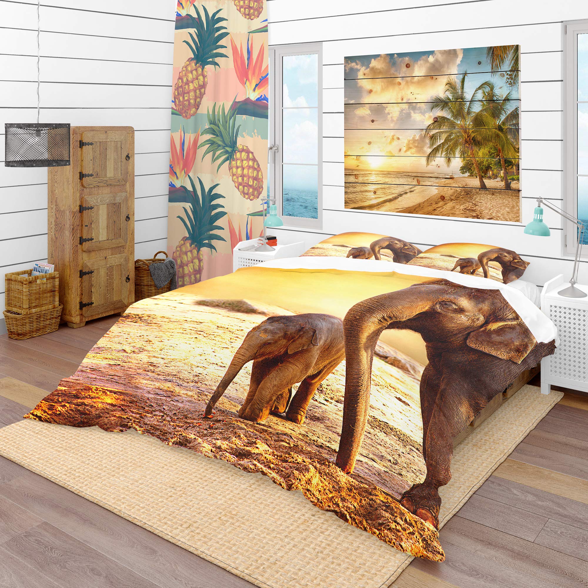 DesignQ Elephant Mother and Baby Traditional Duvet Cover Set - Queen Size Yellow Animal Print Bedding (3-Piece) for All Seasons | Perfect for Nursery, Guest Room & Bohemian Bedroom Decor