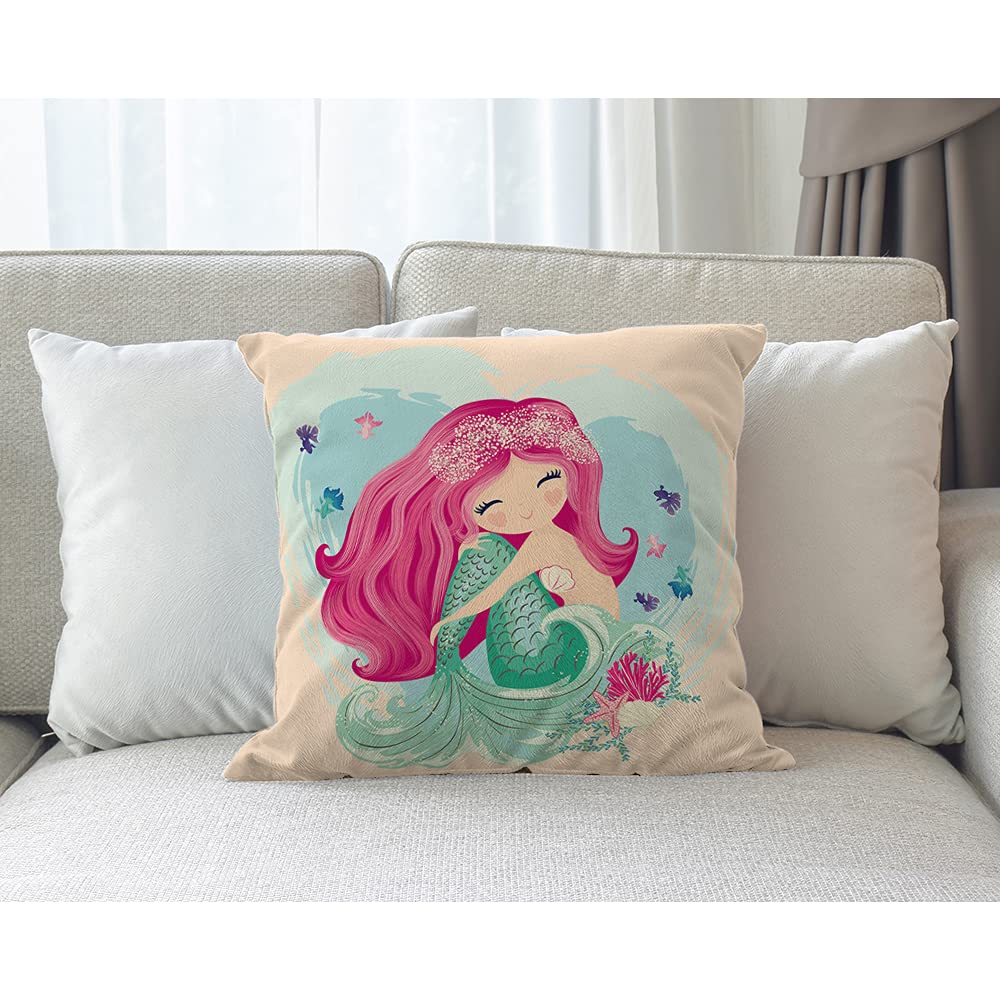 Mermaid Throw Pillow Covers 18x18 Inch - Fantasy Fish Girl & Seashell Design Decorative Cushion Case for Sofa, Bed, Couch - Perfect for Kids Room, Nursery, Beach House Decor