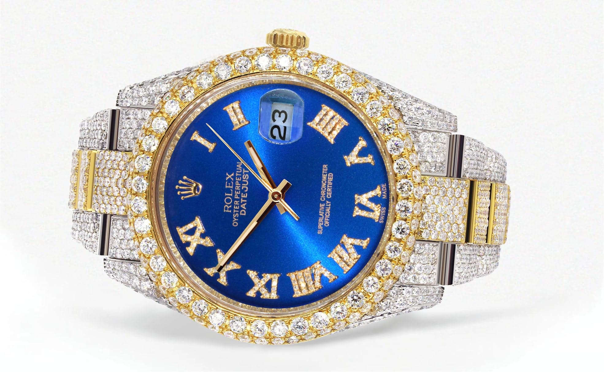 Luxury Diamond Iced Out Rolex Datejust 41 Watch - 25 Carats Genuine Diamonds, Custom Blue Roman Numeral Dial, Two-Tone Stainless Steel & Gold, Oyster Band - Perfect for Gifts, Special Occasions & Luxury Fashion