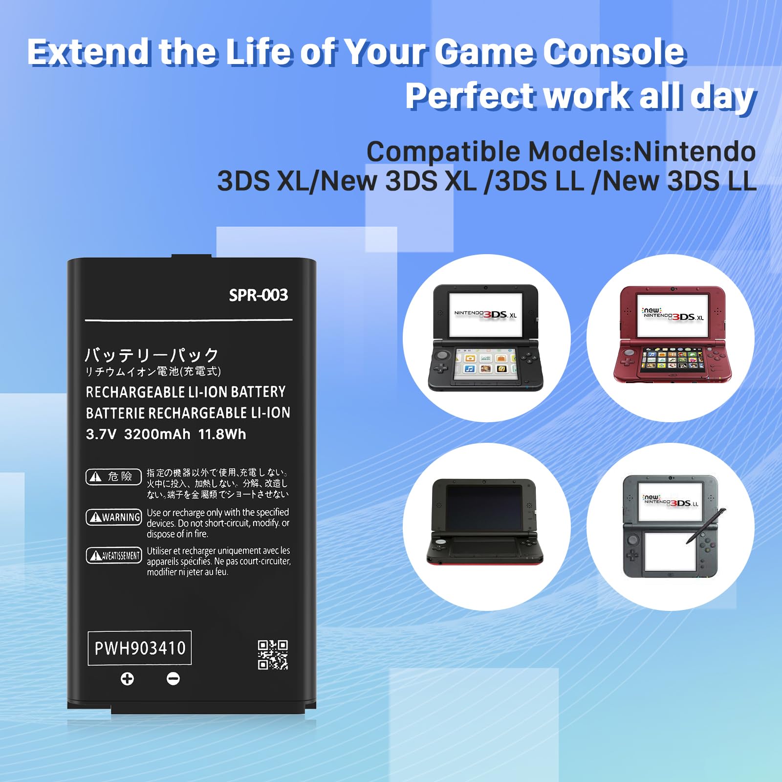 Upgraded SPR-003 3200mAh High Capacity Li-ion Battery Replacement for Nintendo 3DS XL/New 3DS XL/LL & Switch Console - Includes Repair Tool Kit | Perfect for Gaming Sessions, Travel & Backup Power