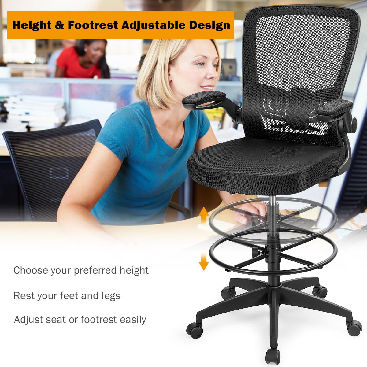 Giantex Ergonomic High Back Drafting Chair with Footrest - Adjustable Height, Flip-Up Armrests & Lumbar Support - Mesh Office Chair for Architects, Designers & Tall Users - Perfect for Home Office, Studio & Computer Workstations