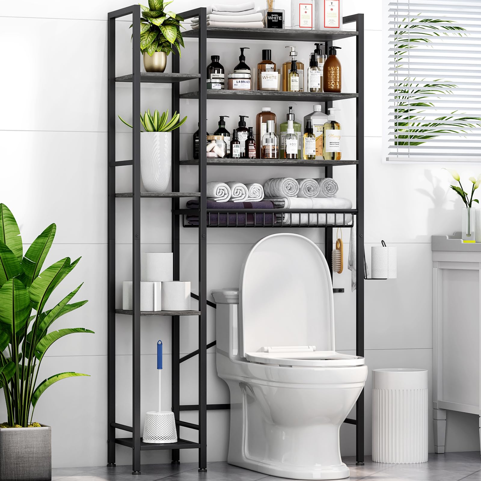 8-Tier Over The Toilet Storage Organizer with Adjustable Shelves & Drain Basket - Freestanding Bathroom Shelf Unit for Small Spaces, Laundry Room, Balcony - Modern Grey Bathroom Storage Solution for Towels, Toiletries & Cleaning Supplies
