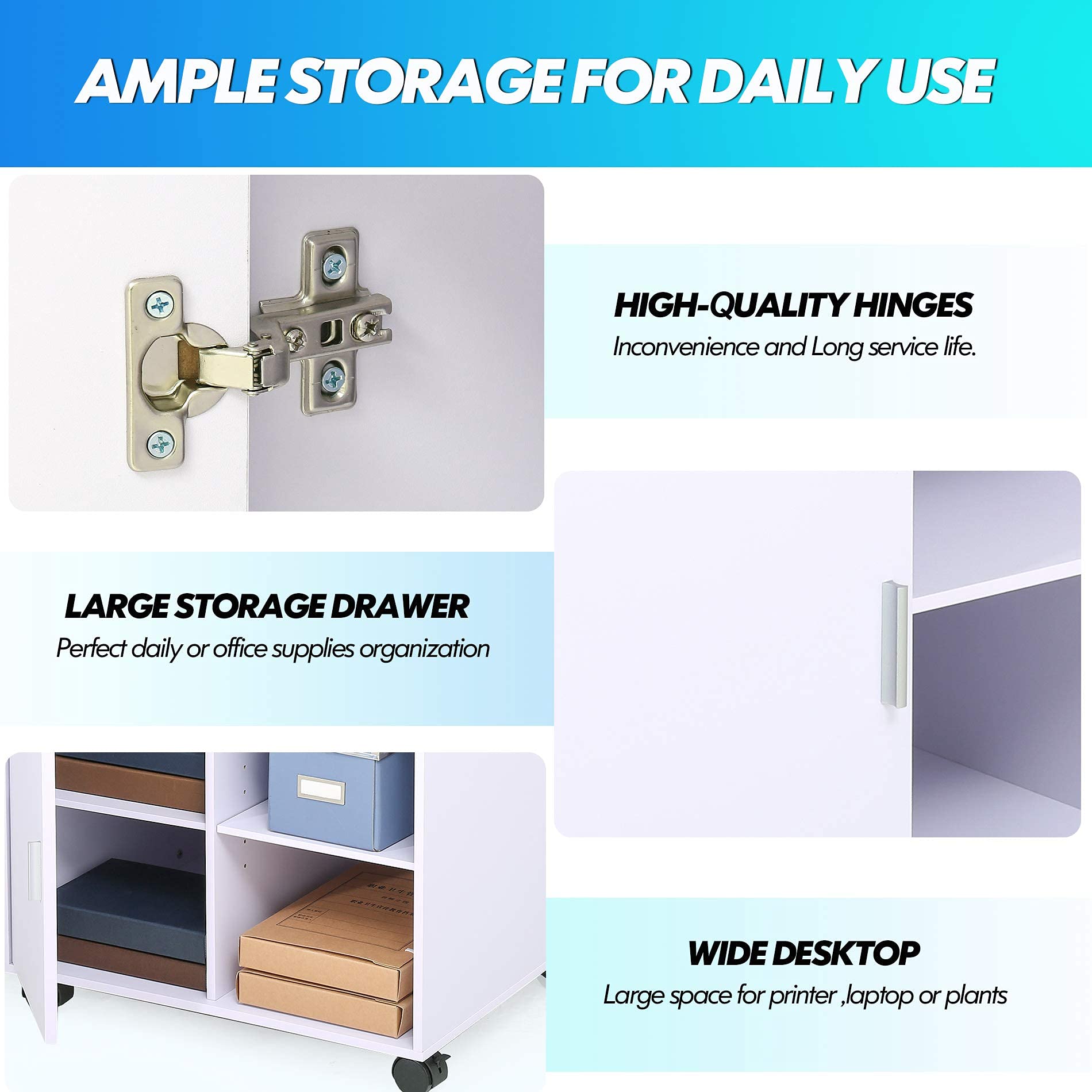 FITUEYES White Wooden Printer Cabinet with Door - Adjustable Shelves Mobile Printer Stand on Wheels for Home Office - Storage for File Folders, Ink Cartridges & Office Supplies (PS406005WW) | Perfect for Small Spaces & Organized Workspaces