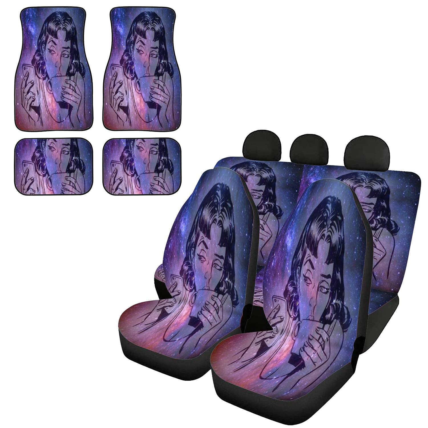 Morning Girl Coffee Tea Phone News Communication Technology Smartphone Car Seat Covers & Floor Mats Set - Fashionable Universal Fit Seat Protector & Auto Decor for Most Vehicles - Perfect for Daily Commute, Road Trips & Car Interior Protection